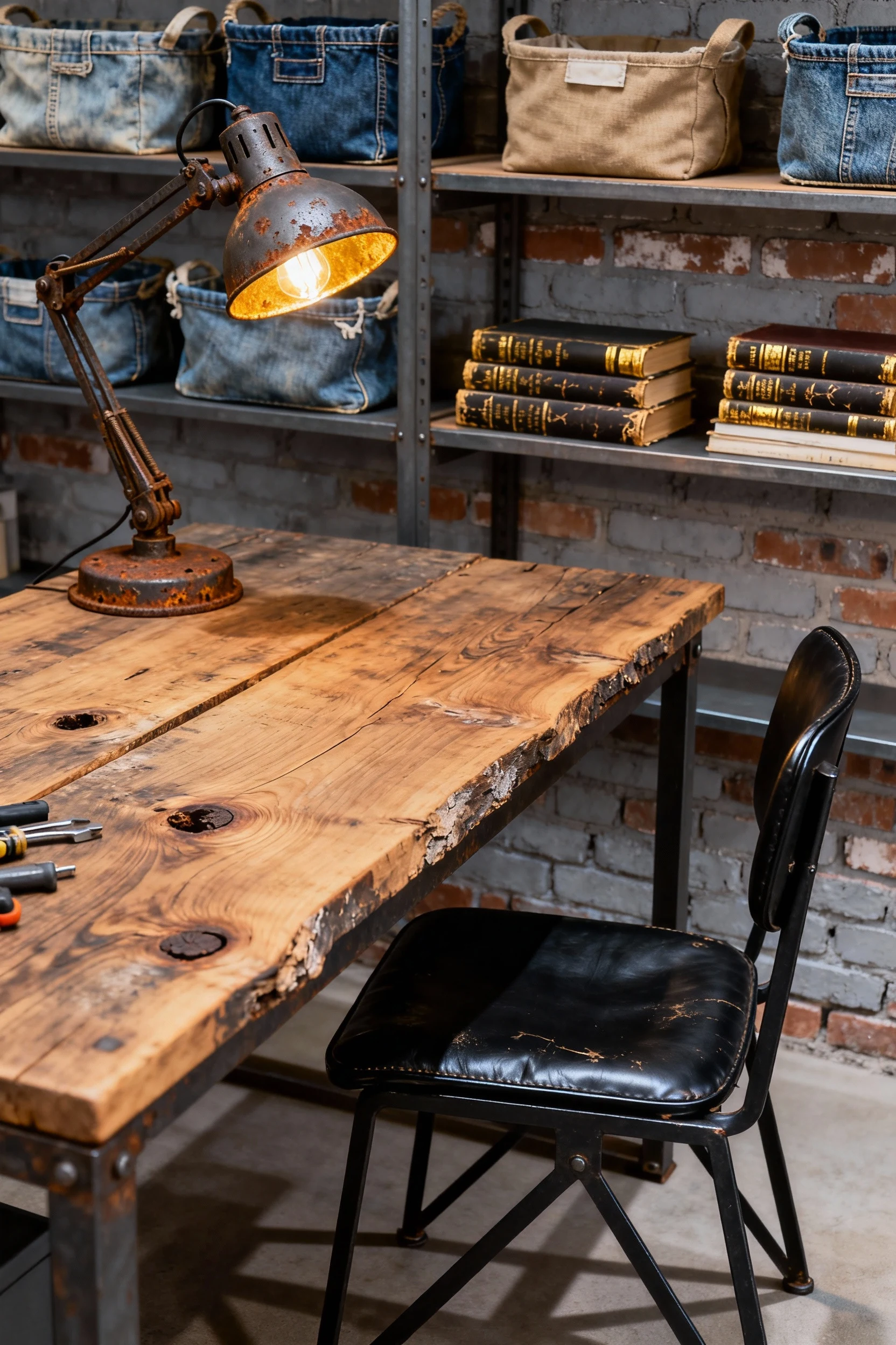 Close-up detail shot of an industrial chic home office desk made of reclaimed wood, paired with a matte black metal chai
