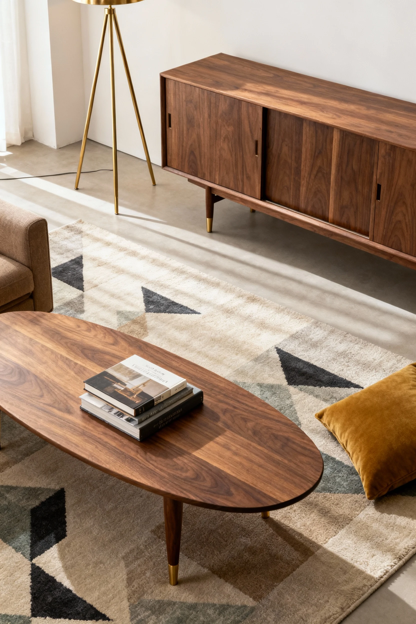 Overhead detail shot of a mid-century minimalist living area featuring walnut low-slung sofa with tapered legs, oval wal
