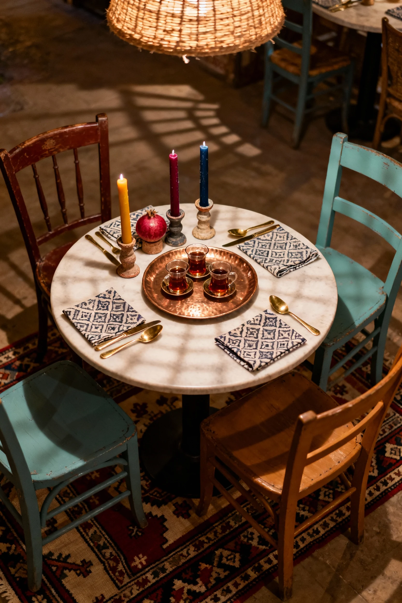 4. Overhead top-down detail shot of a Spice-Market dining nook: a petite round pedestal table set with patterned napkins