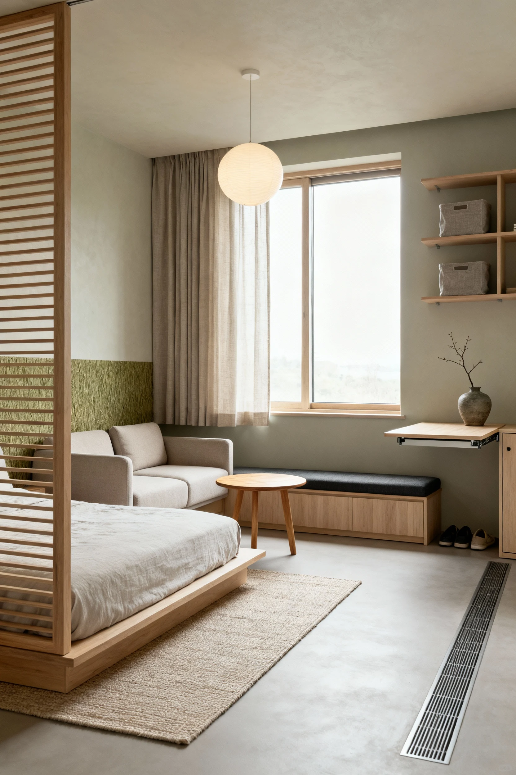 Wide straight-on serene Japandi capsule: low platform bed cocooned by a slatted wood screen, neutral woven rug, minimali