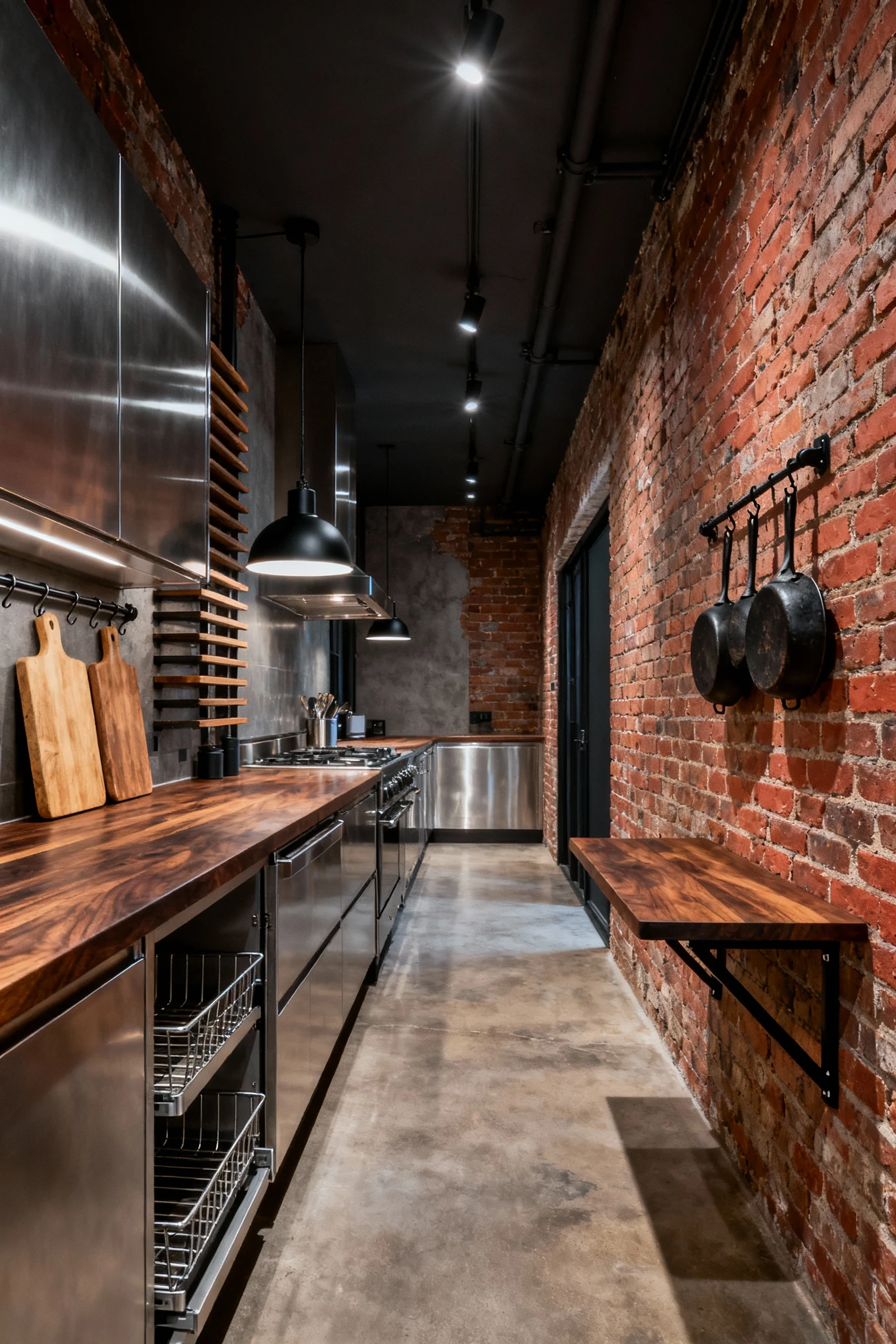 Photorealistic wide down-the-galley view of an industrial chic kitchen: exposed brick walls along the length, sleek stai