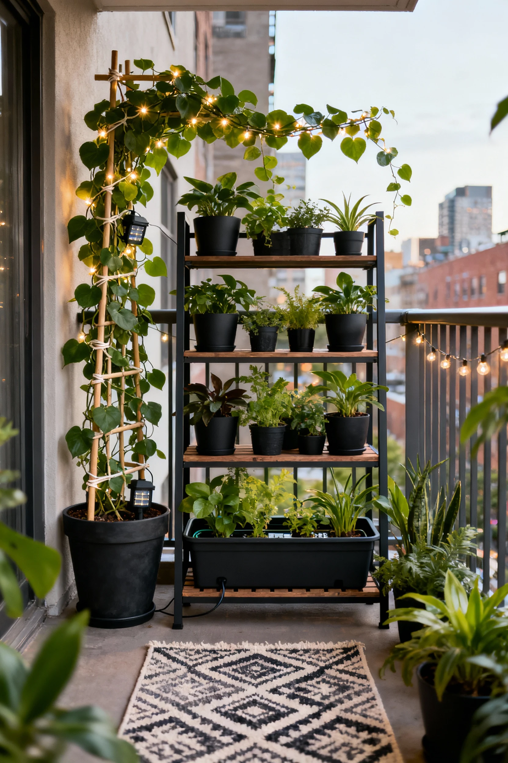 Photorealistic wide straight-on urban jungle balcony: a freestanding tiered plant shelf paired with a self-watering trou