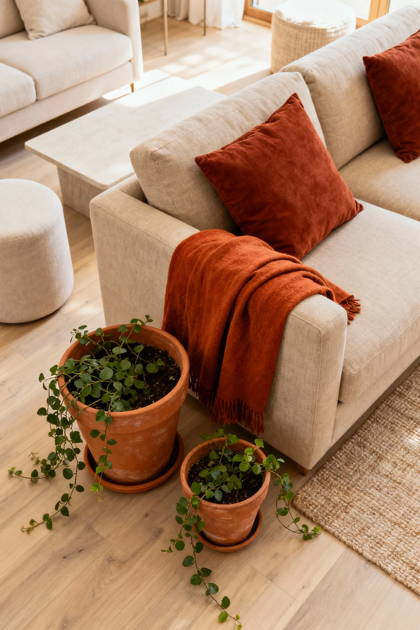 Overhead view of a beige sofa adorned with rust-colored cushions and a burnt-orange throw, surrounded by pale neutral fu