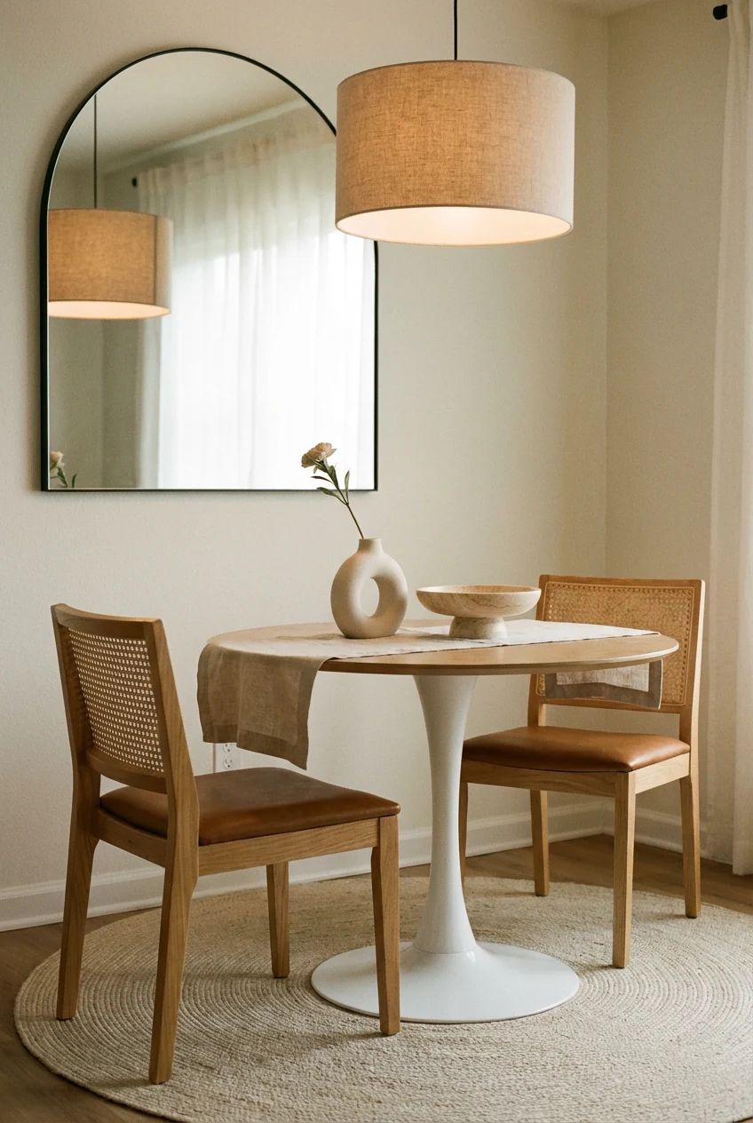 4. Medium three-quarter corner view of a warm minimal dining nook: round pedestal table with a white tulip base and a li