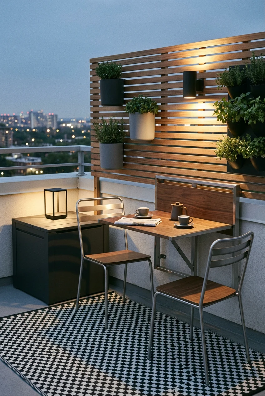 4. A photorealistic wide straight-on shot of a minimal modular café corner in evening light: rail-mounted foldable balco