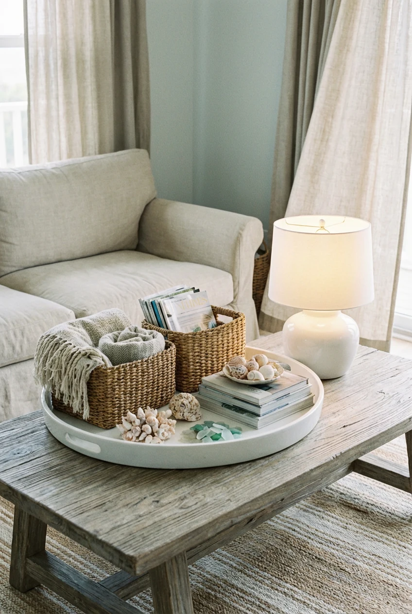 Detailed closeup of a coastal calm retreat coffee table scene, driftwood-style surface holding woven baskets and small s
