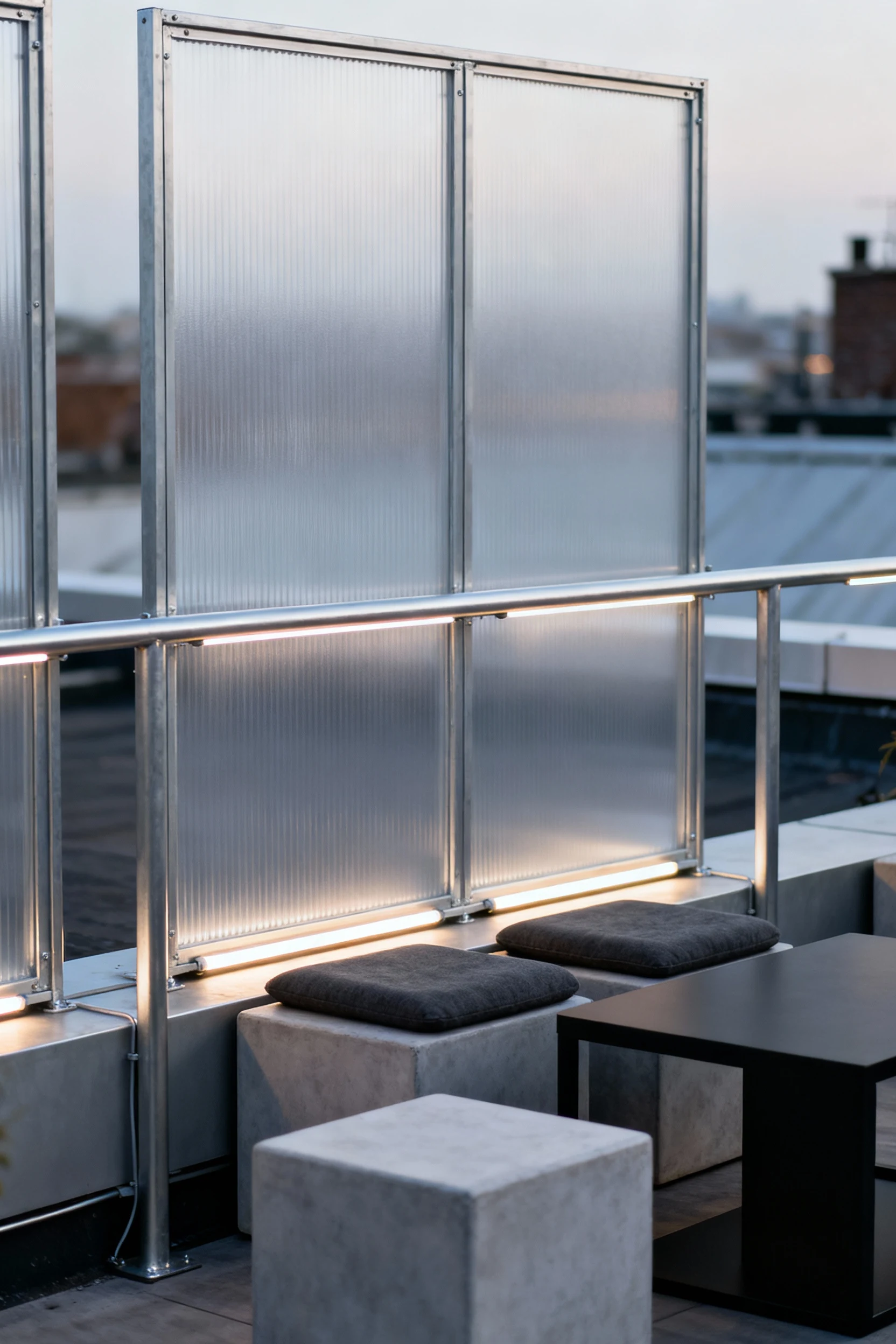 Photorealistic medium three-quarter angle shot of a sleek DIY aluminum frame fitted with frosted twinwall polycarbonate 