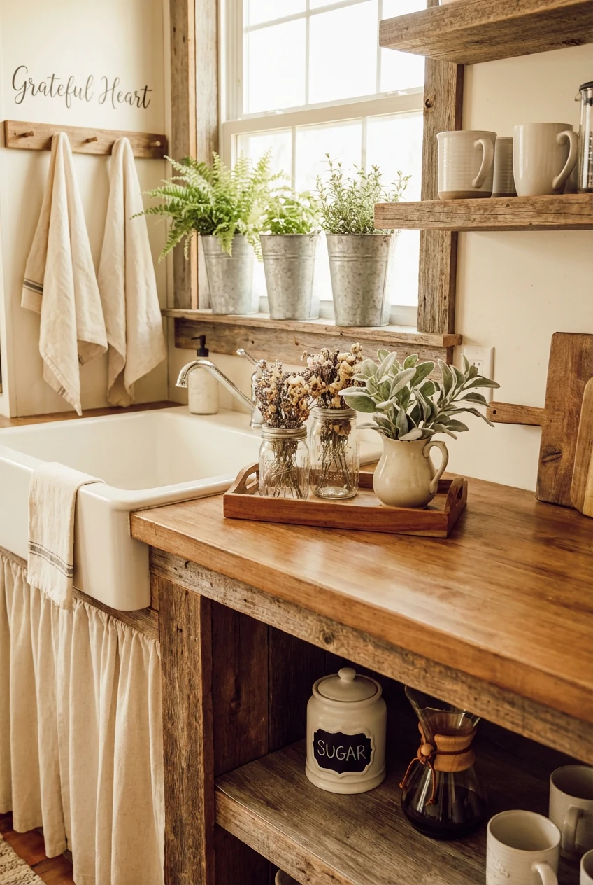 4. Photorealistic medium shot from the sink area at a slight angle: rustic farmhouse details with cream dish towels, gal