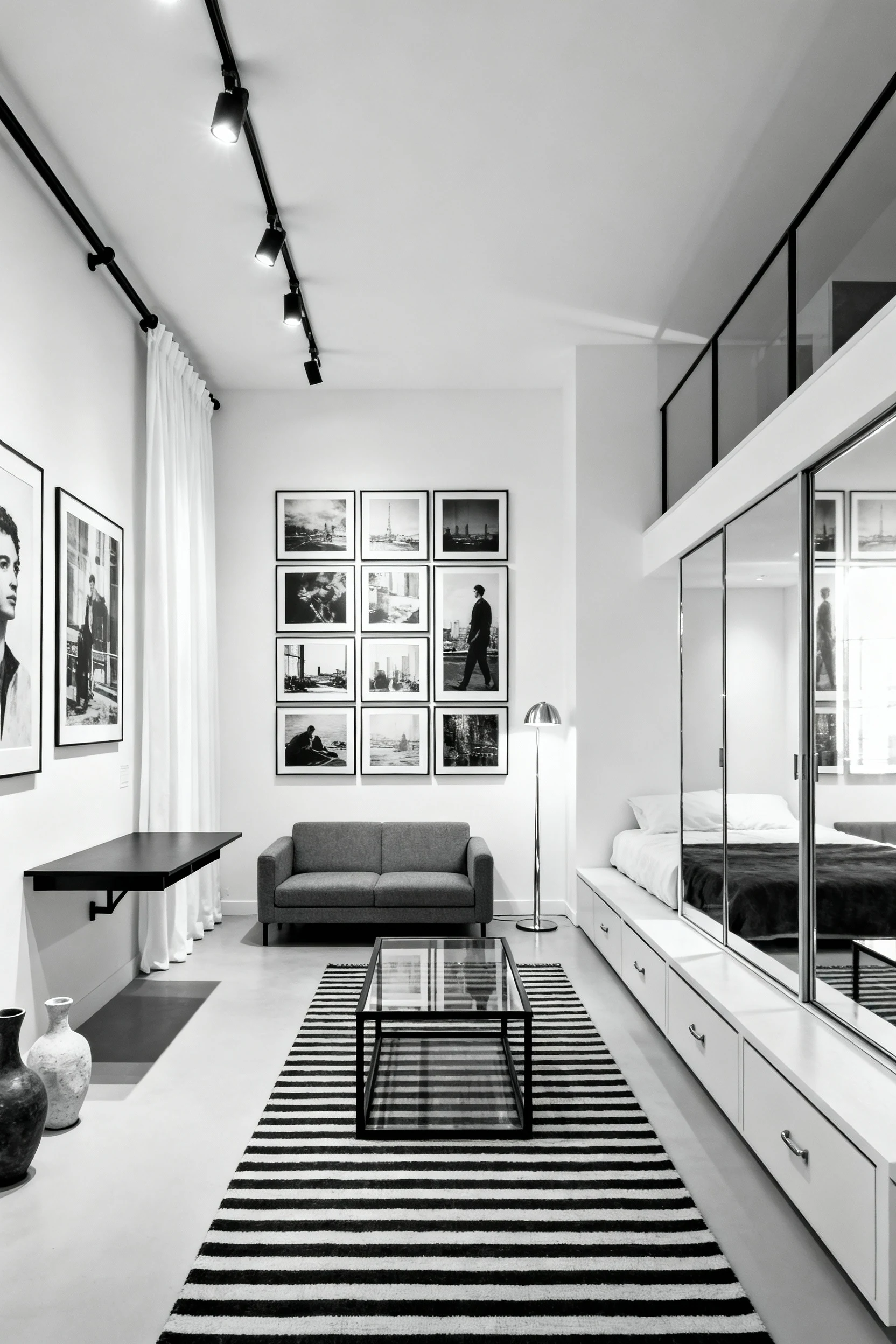4. Photorealistic straight-on wide shot of a Graphic Black & White gallery loft: bright white walls with a grid of overs