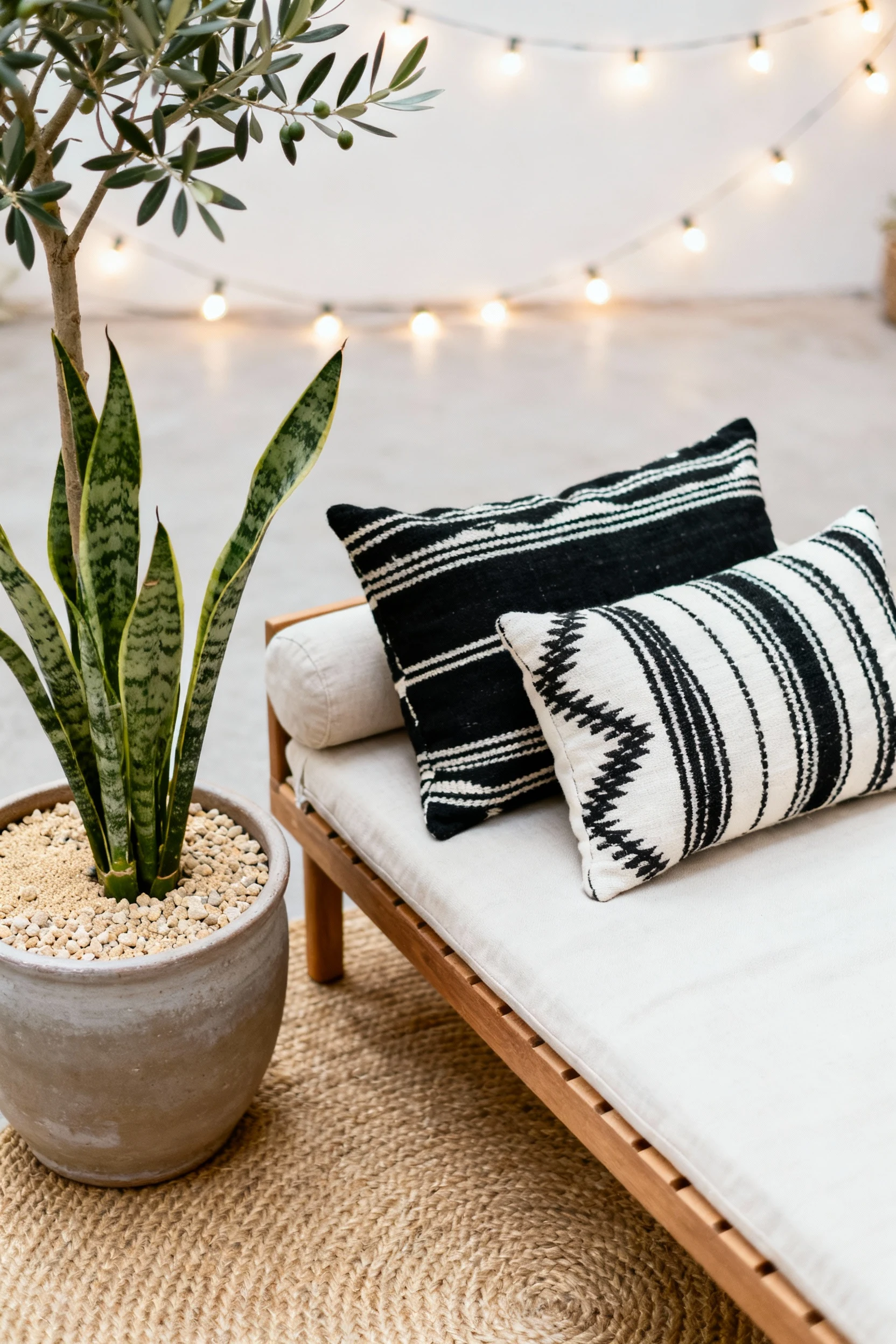 4. Overhead detail shot, photorealistic: a slim futon bench with black-and-white mudcloth cushions on a natural sisal ru