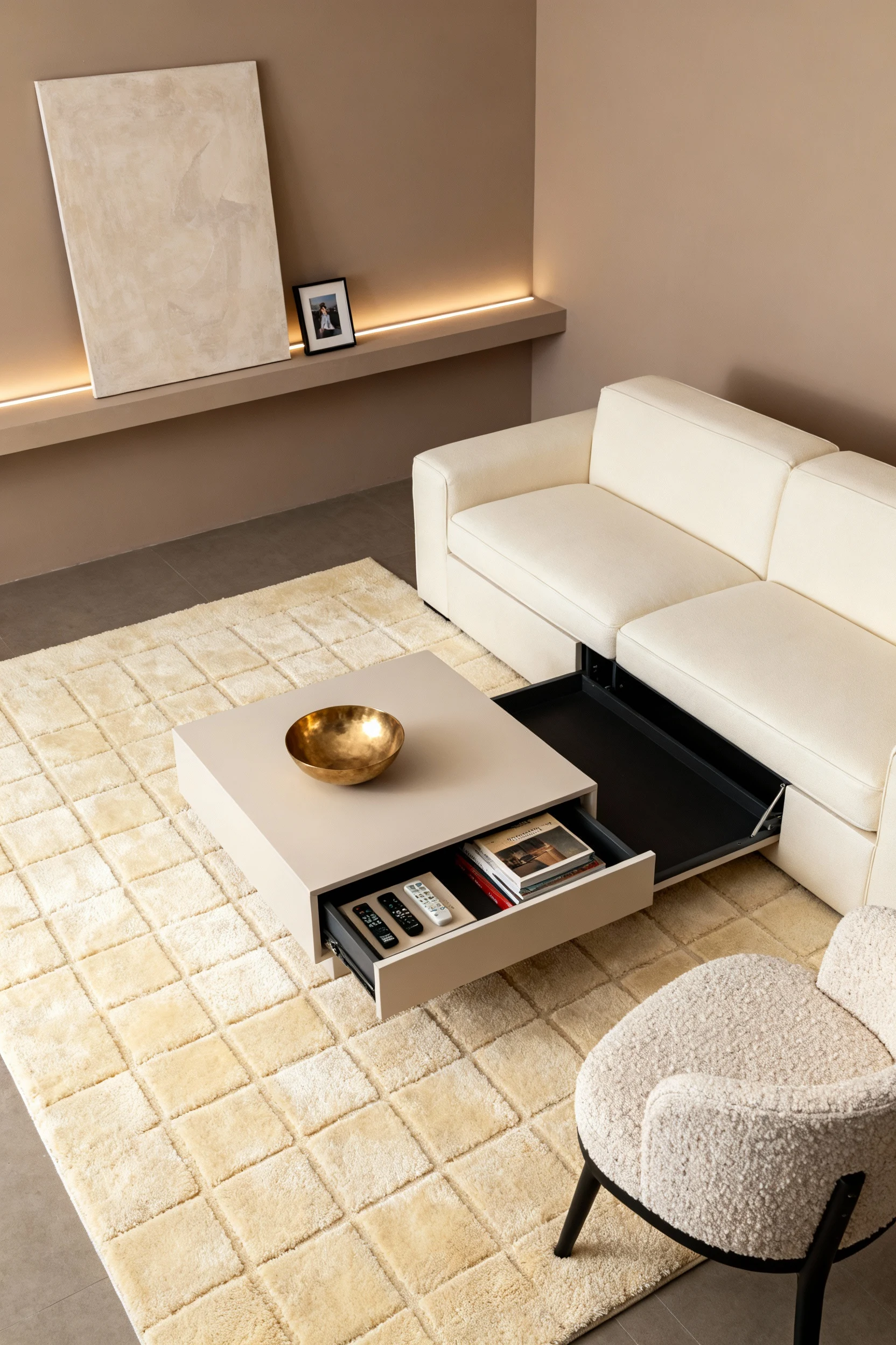 Overhead detail shot of a taupe-walled living room center area featuring a cream sofa with storage chaise, lift-top coff