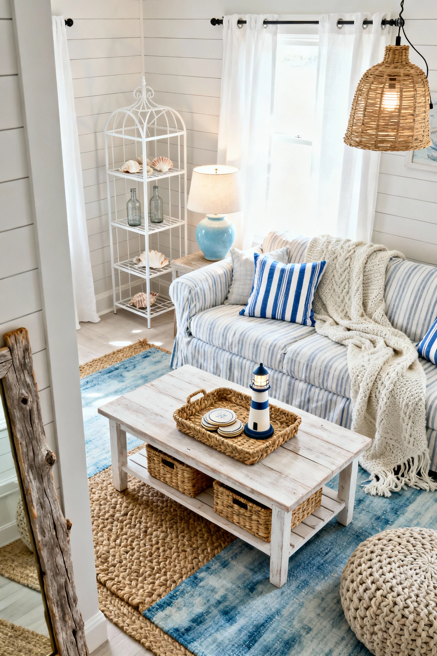 4. Overhead, detail photorealistic shot of Coastal Calm Cottage styling: a whitewashed wood coffee table with a shelf of