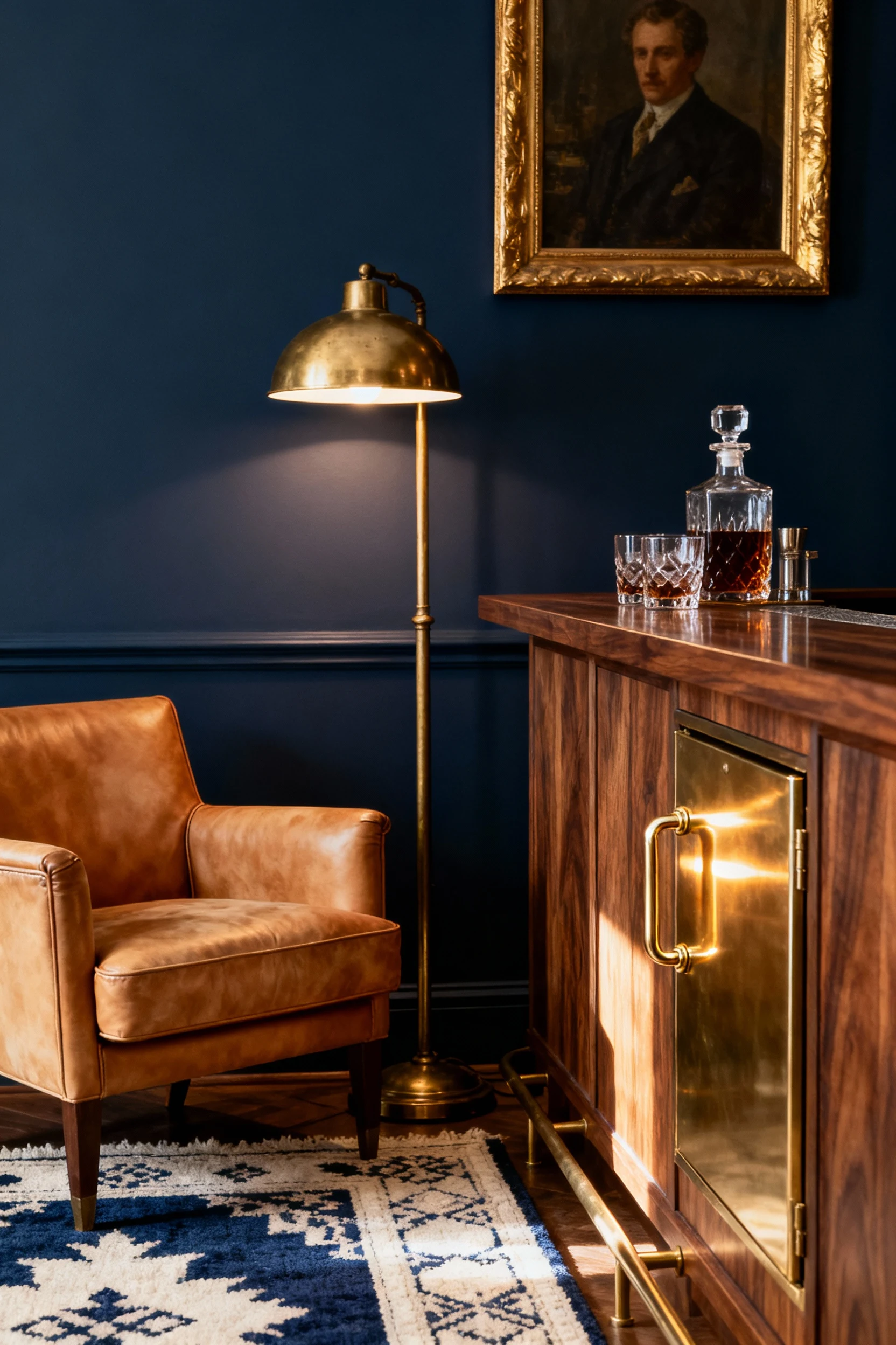 4. Photorealistic medium three-quarter vignette: a navy accent wall featuring a camel faux-leather armchair beside a glo