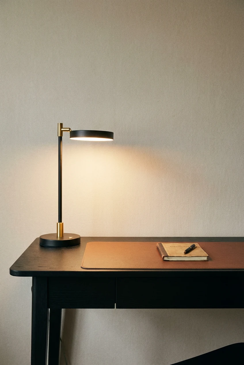 Straight-on medium shot of a compact black writing desk with a slim gold-accented lamp on top, paired with a faux-leathe