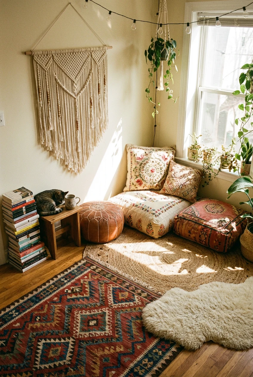 Overhead view of a cozy boho reading spot layered with patterned rugs, macramé wall hanging on a cream wall, and large f