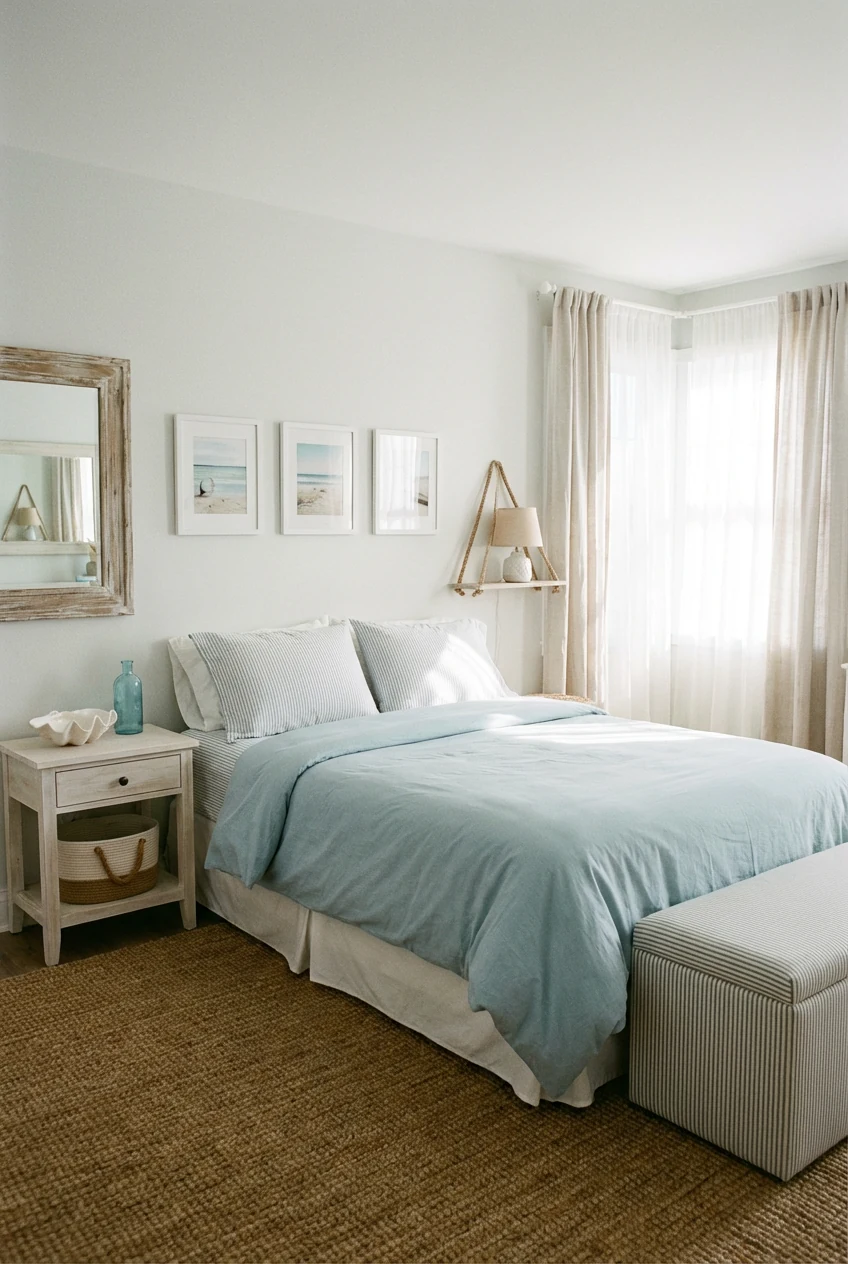 Photorealistic wide corner angle of a breezy coastal bedroom: pale walls, sheer curtains layered with light linen drapes