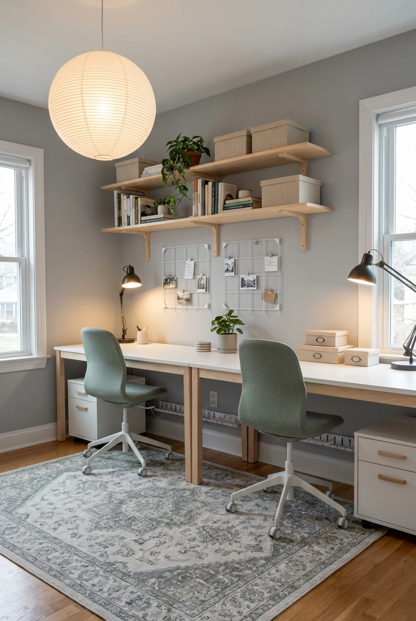Photorealistic wide shot from a corner angle of a Scandi-calm shared home office: double desk with two matching ergonomi