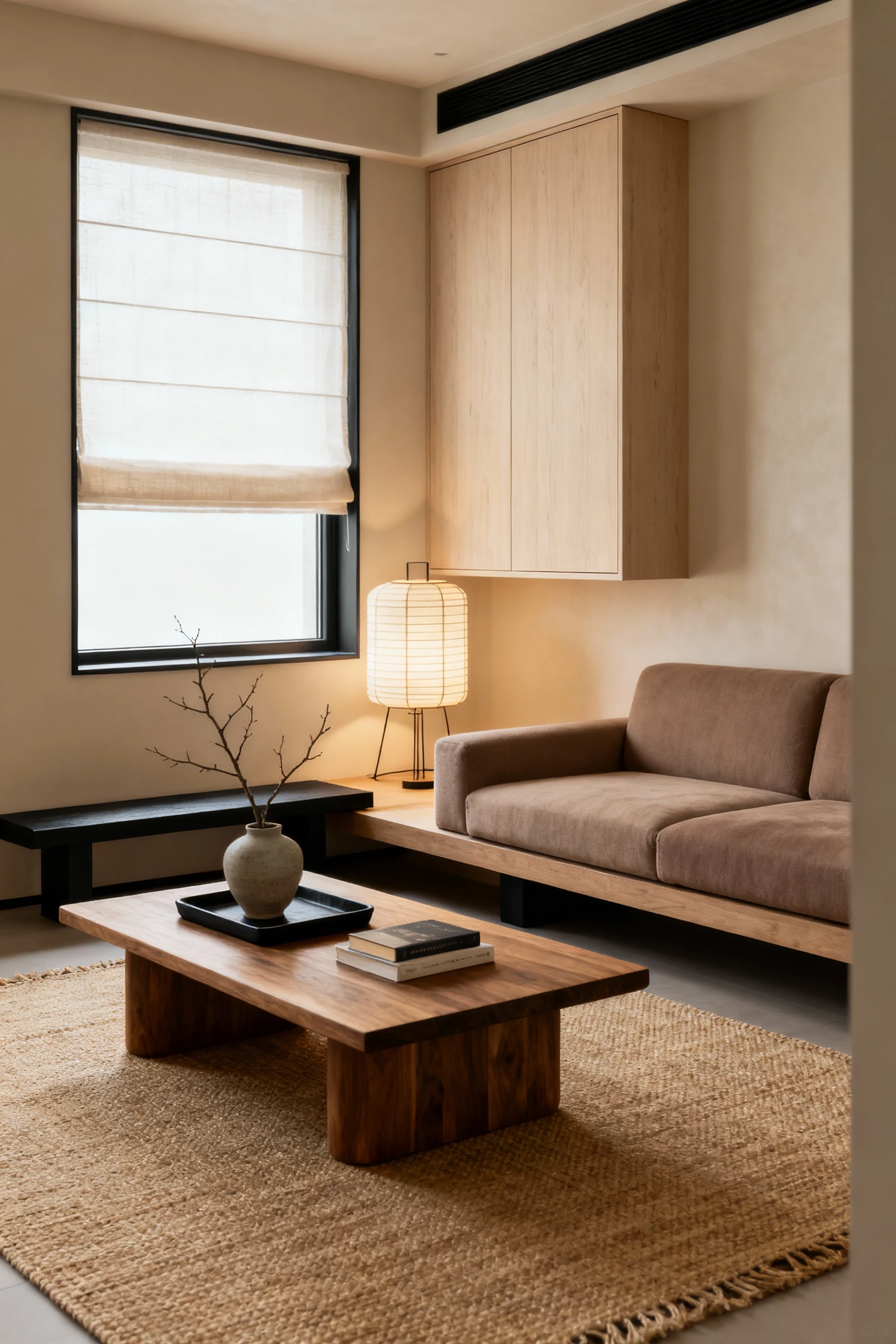 Photorealistic wide, low-angle corner shot of a Japandi low-profile haven: platform-style sofa and squat oak coffee tabl
