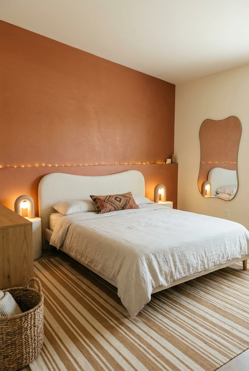 4. Medium corner shot of a desert terracotta minimalist bedroom: terracotta accent wall behind a bed with a textured bou