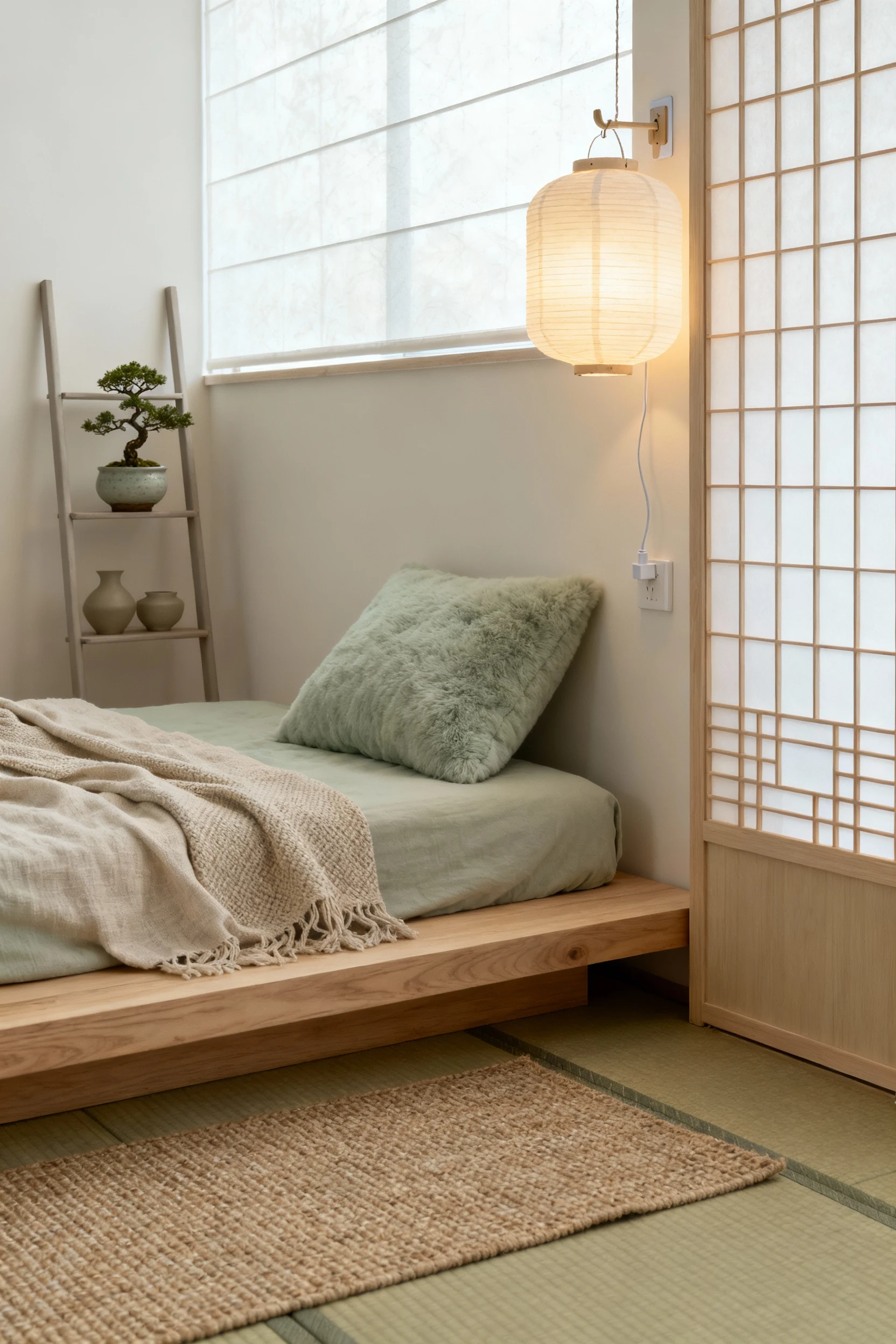 Closeup detail of a Japandi calm cocoon: tatami‑style rug and low light‑oak platform bed layered with an oatmeal linen t