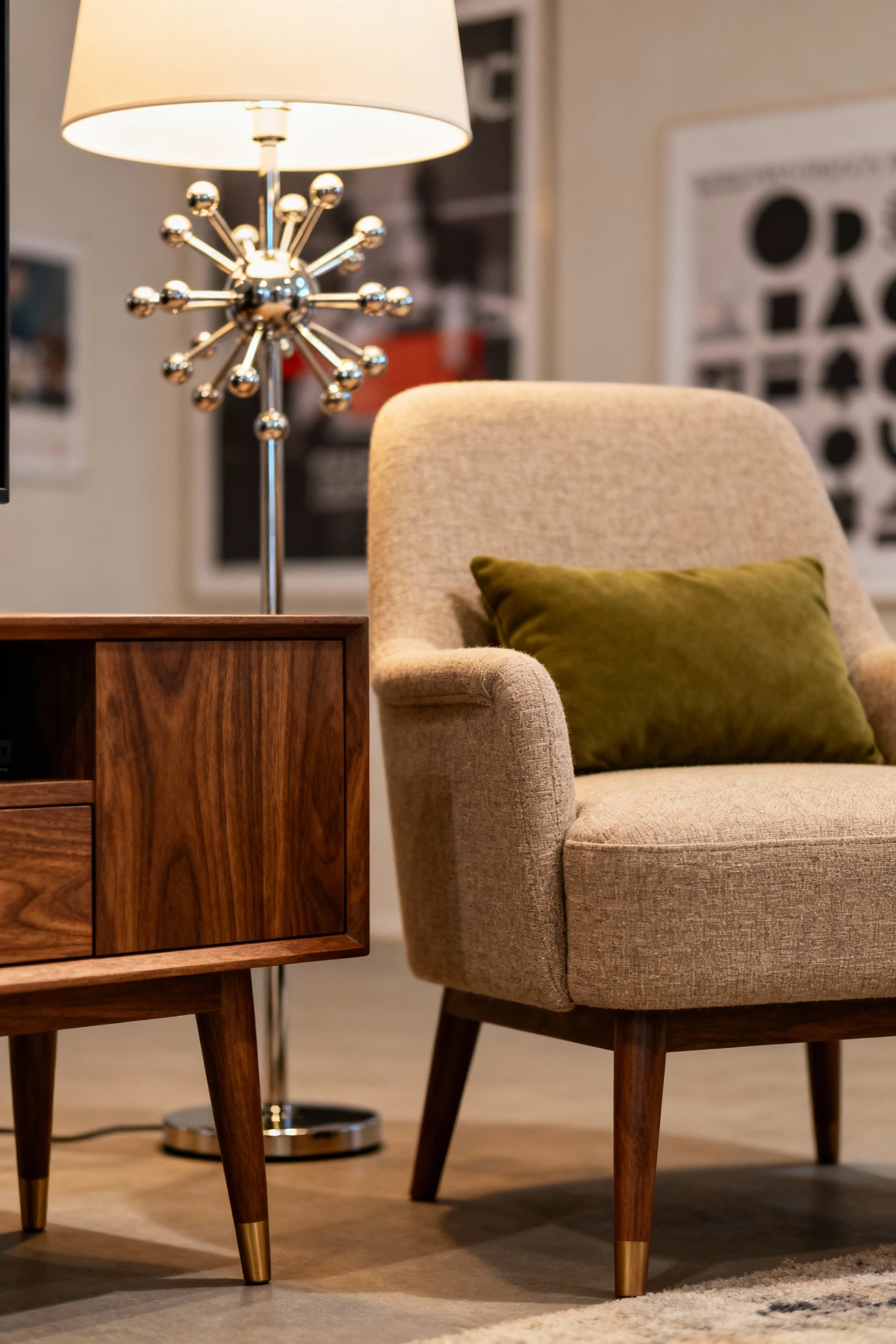 4. Low-angle closeup of mid-century micro living room details: warm walnut wood grain and tapered legs of a walnut media