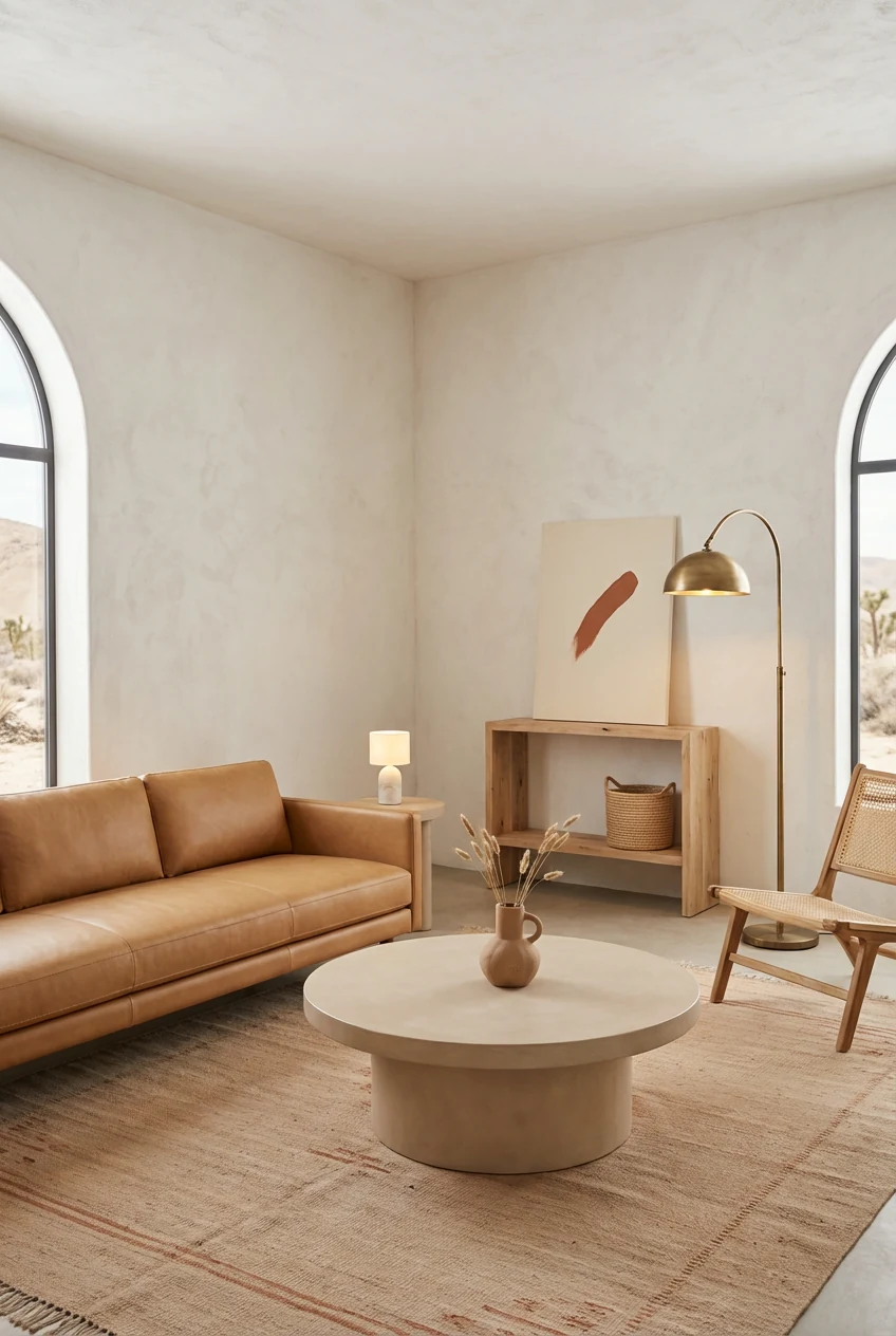 4. Wide corner angle, photorealistic, of a Warm Earthy Desert minimal living room in sand, terracotta, camel, and bone w