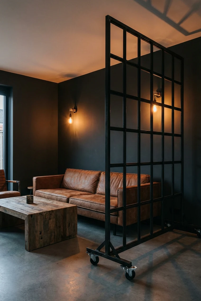 4. Medium-wide corner angle: industrial black steel grid divider on casters defining zones while keeping sightlines open