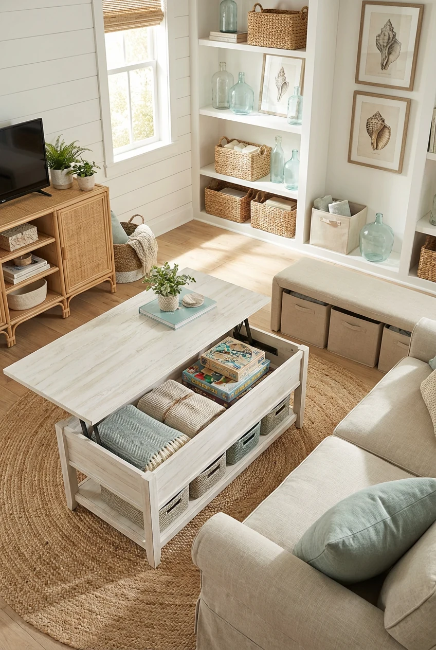 4. Closeup overhead detail of a breezy coastal living zone: a lift-top coffee table partially raised to show storage ins