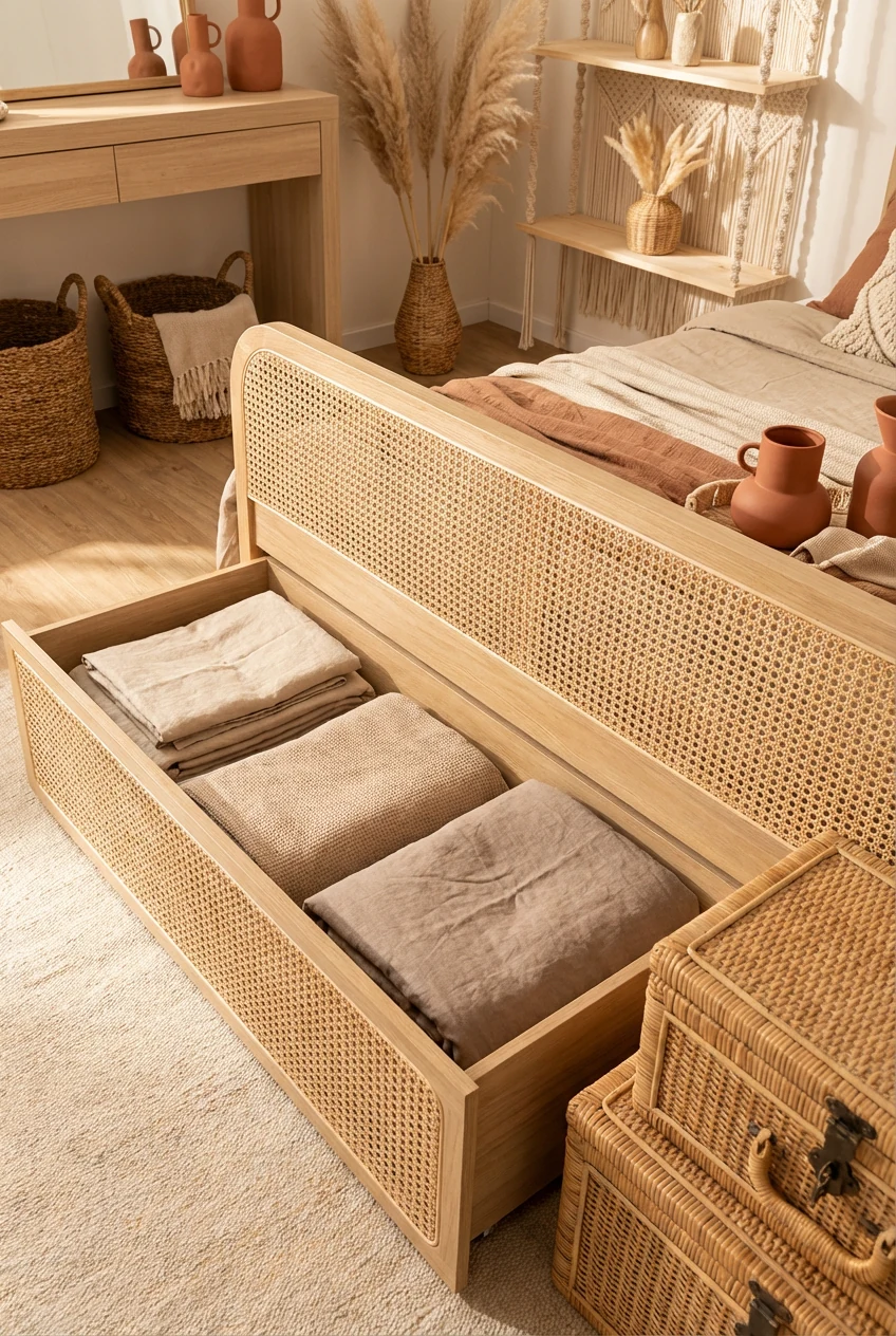 4. Overhead detail photorealistic shot of a boho storage moment: a cane-front storage bed drawer slid open to reveal nea