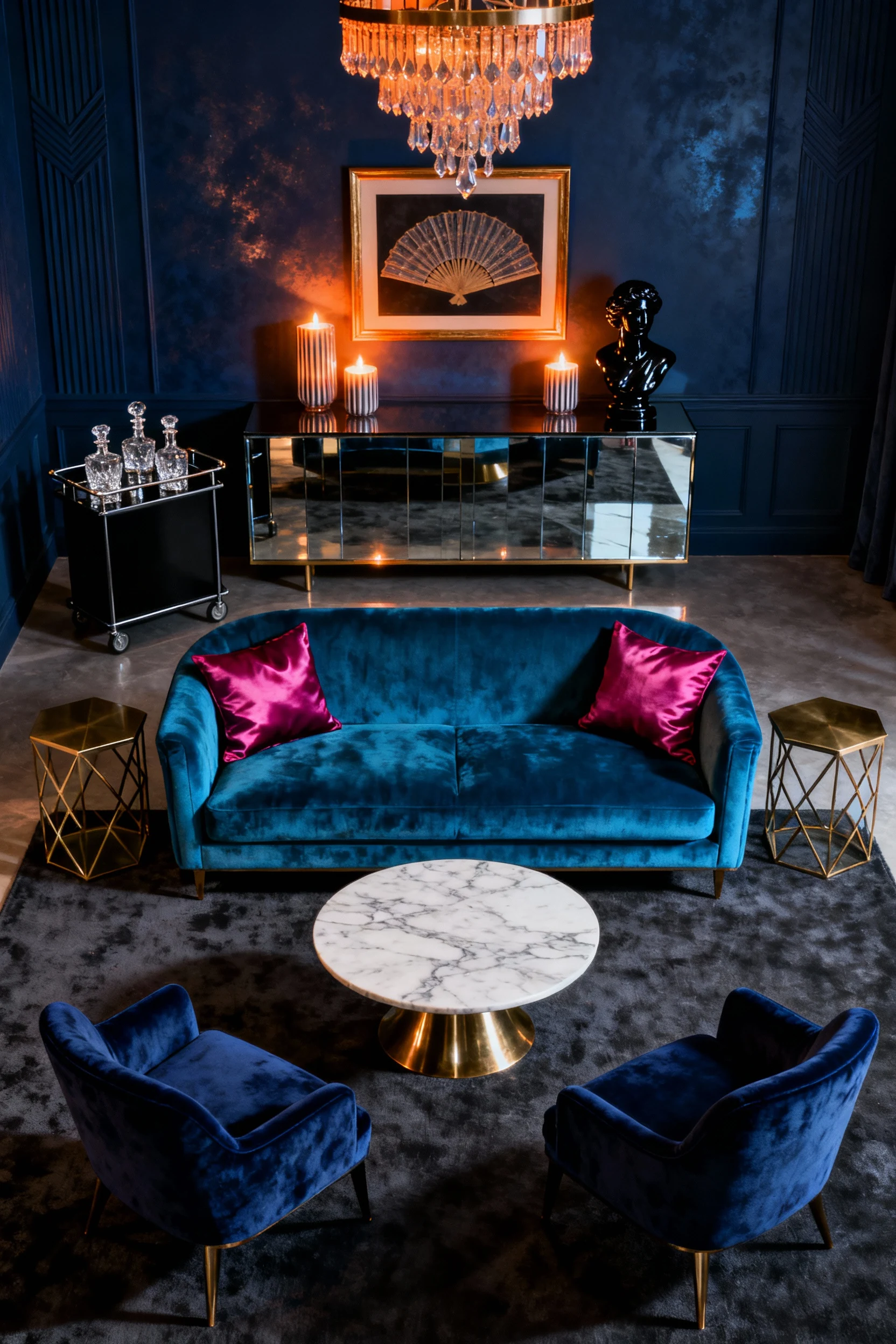 Photorealistic slightly overhead wide shot of a Deco glam after-dark lounge: deep navy walls; peacock-blue velvet sofa c