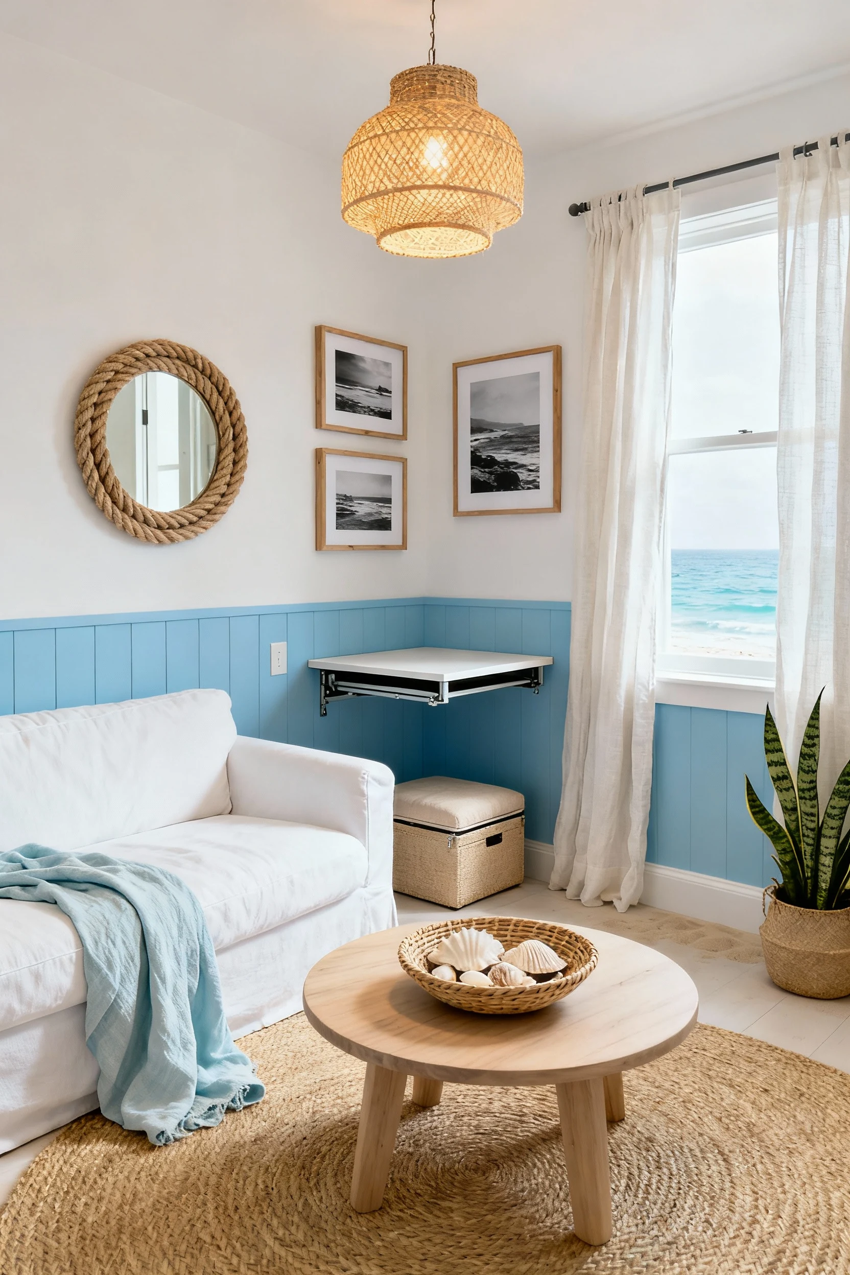Medium, straight-on photorealistic studio nook in Coastal Calm style: sea-salt white walls with ocean blue accents and s