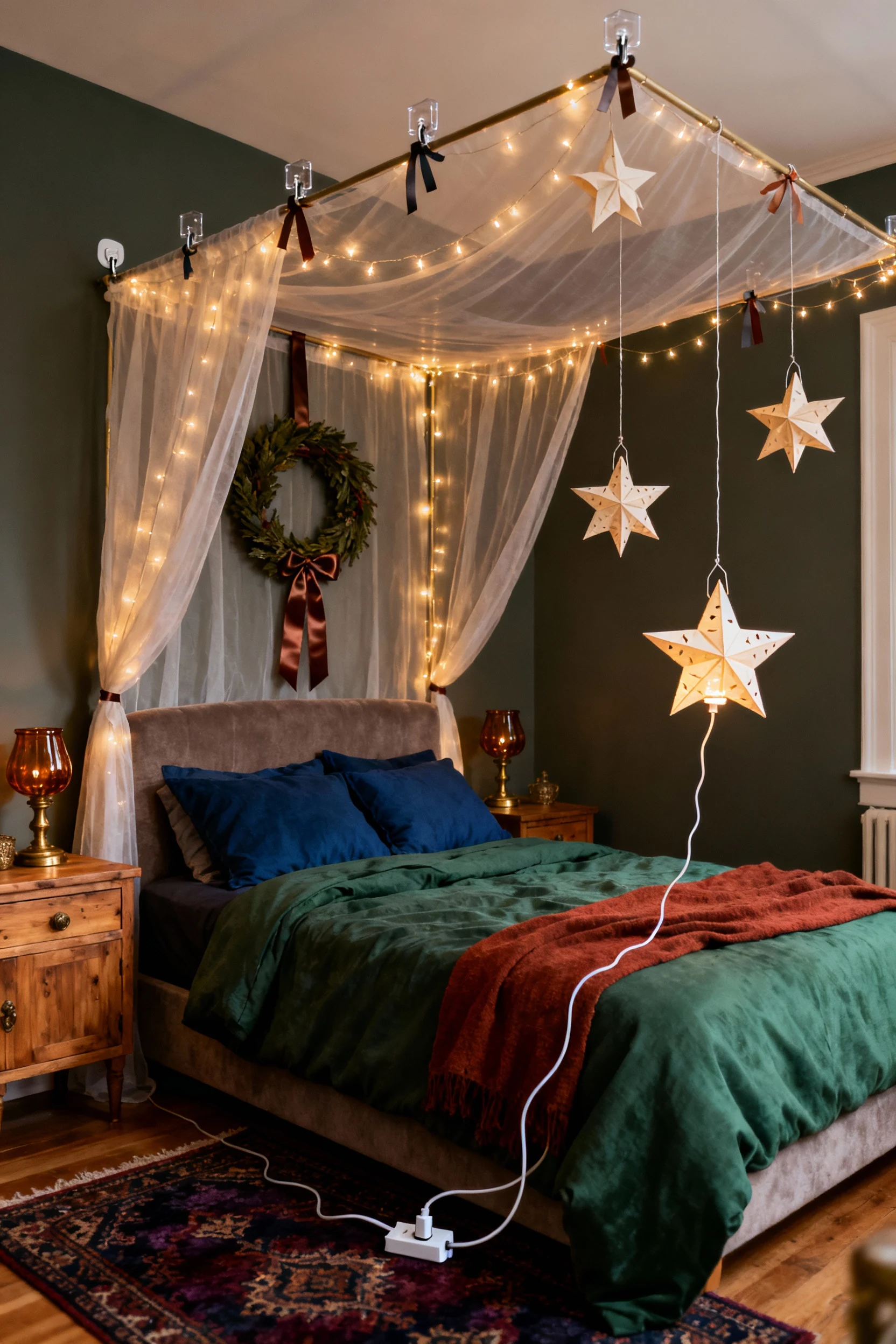 4. Low-angle corner shot of a moody boho bedroom canopy retreat: sheer bed canopy anchored to the ceiling with adhesive 