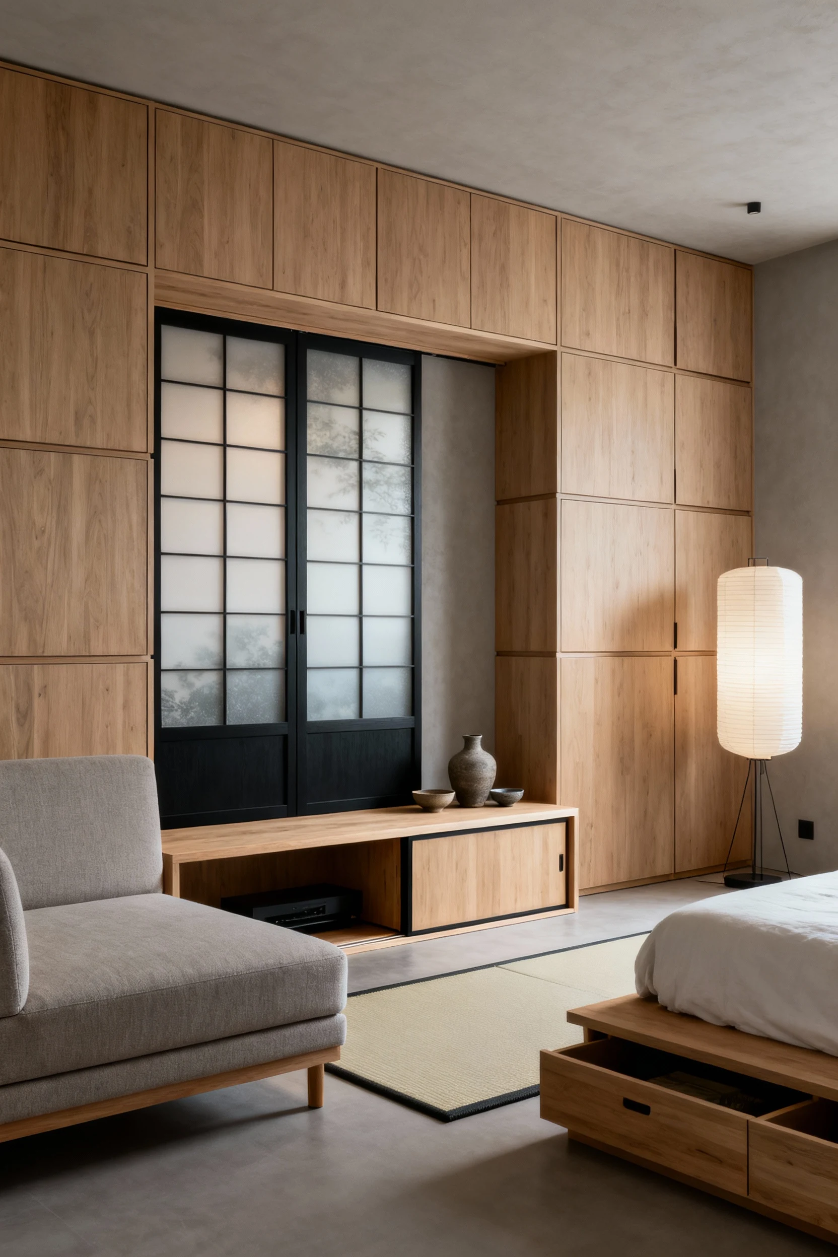 Photorealistic medium three-quarter view of a serene Japandi small apartment in a greige palette with light oak and ink-