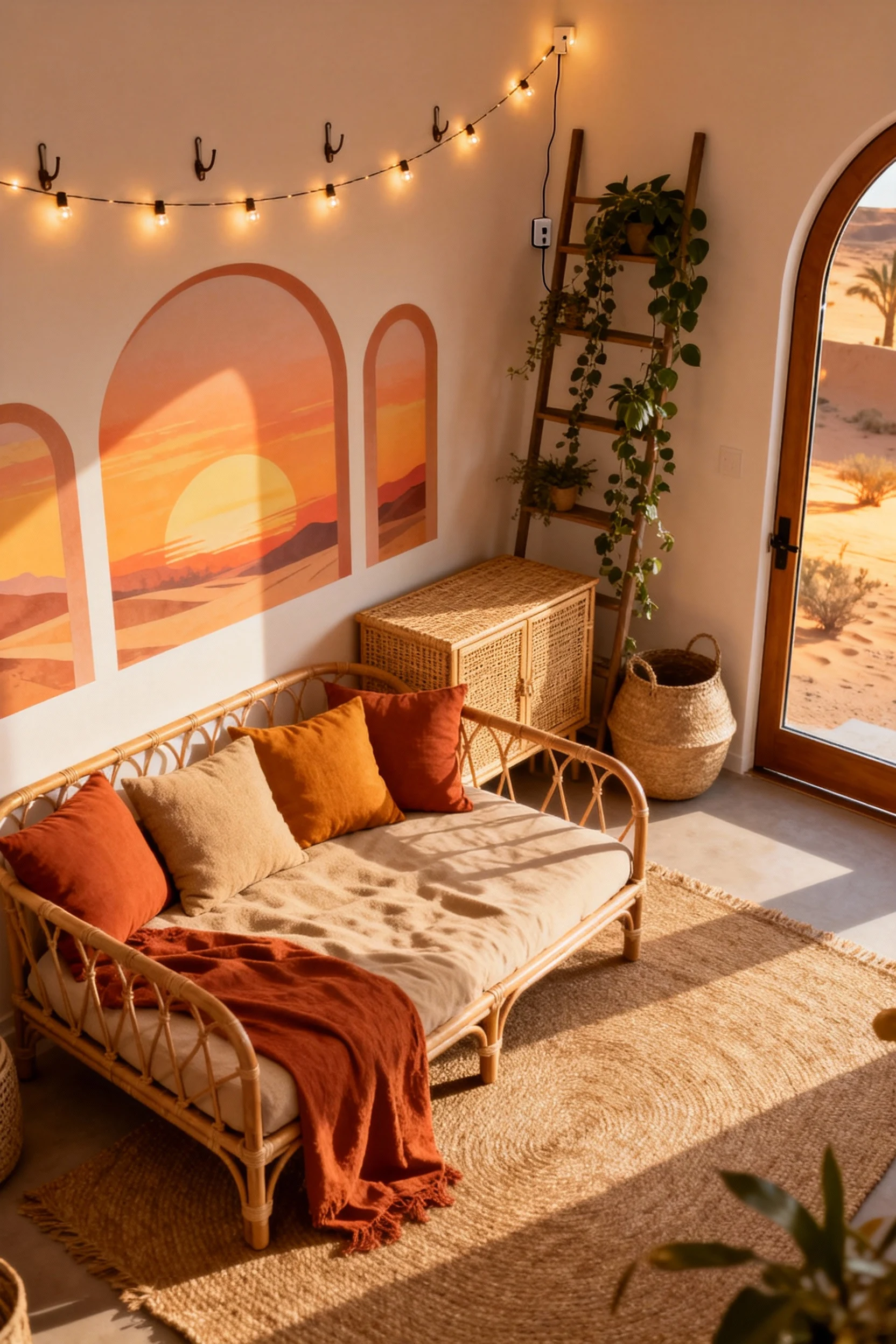 Photorealistic high-angle overhead shot of a desert boho hideaway: a rattan daybed layered with lumbar pillows in terrac