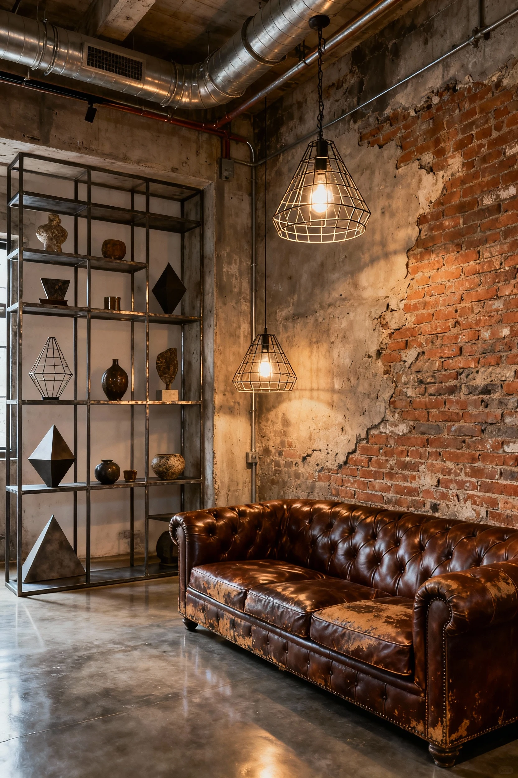 Wide loft-style living room scene with exposed brick walls, weathered leather sofa, steel shelving units holding eclecti