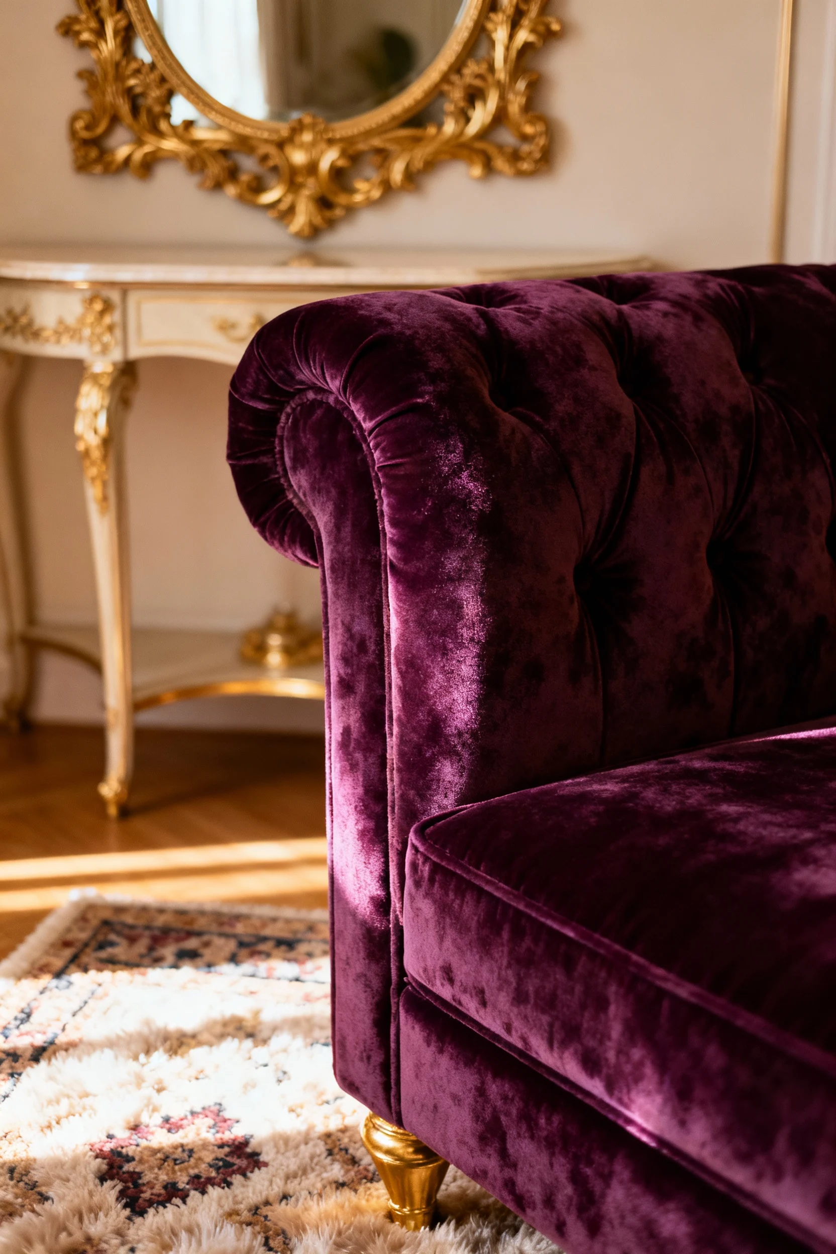Closeup detail shot of a vintage glam arrangement featuring deep jewel-toned velvet loveseat fabric texture, ornate gold