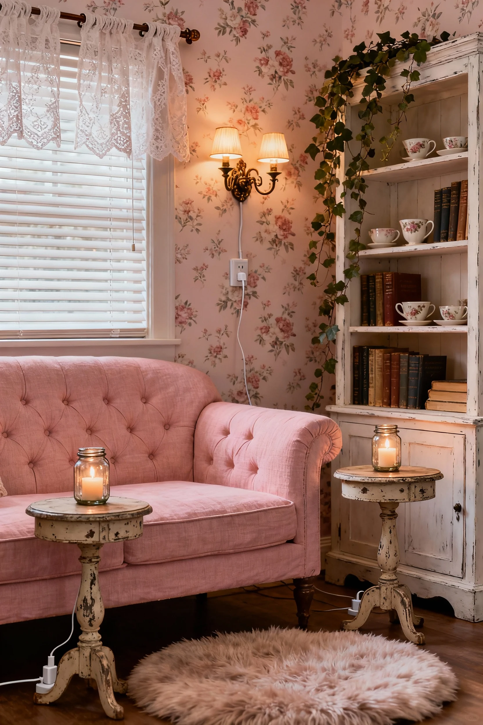 Closeup view of a vintage-inspired cottage nook, showing a tufted linen loveseat in blush pink with floral peel-and-stic
