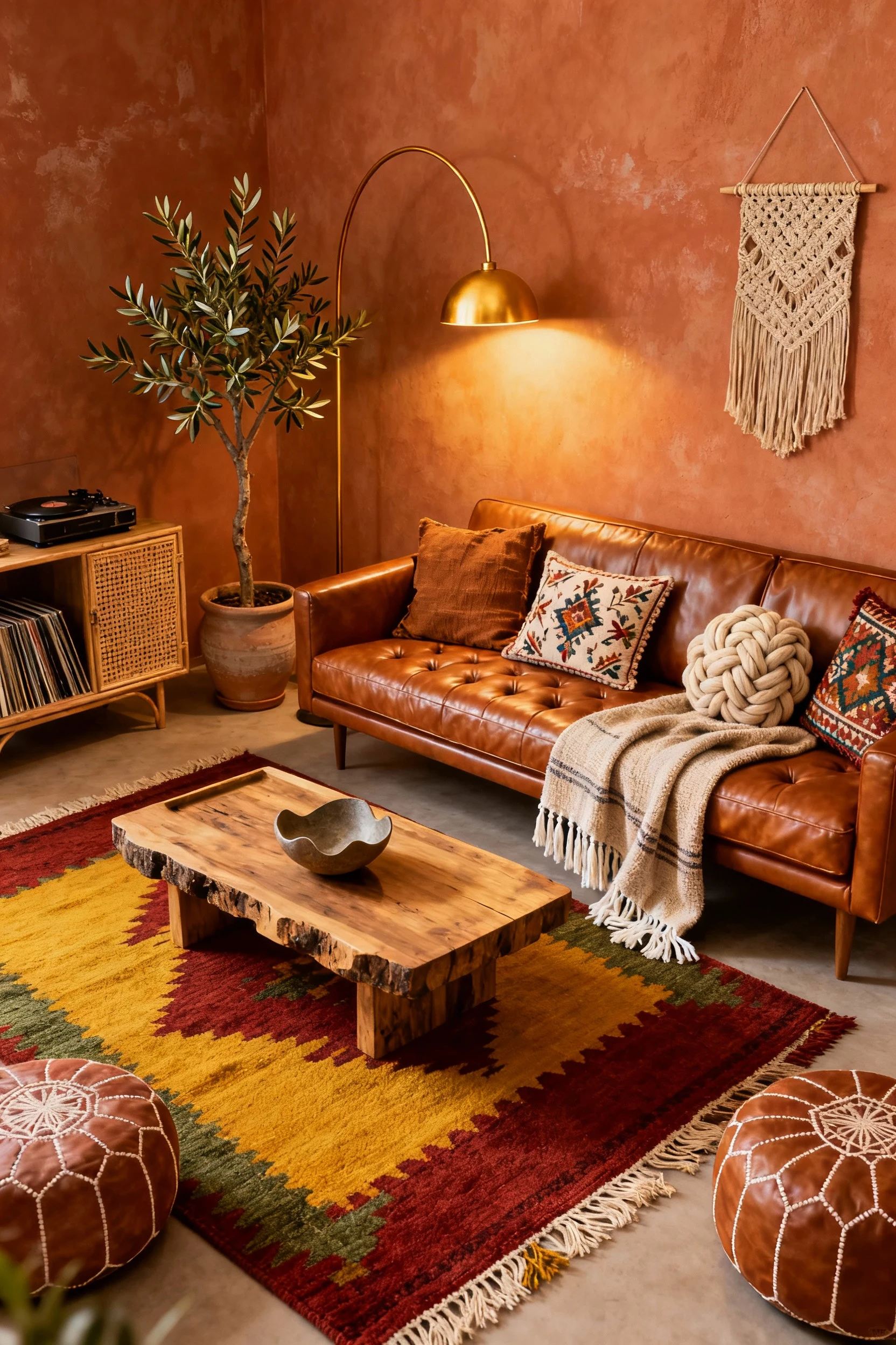 Photorealistic medium, corner-angle view of an earthy boho retreat: a cognac leather sofa with tufted bench seat against