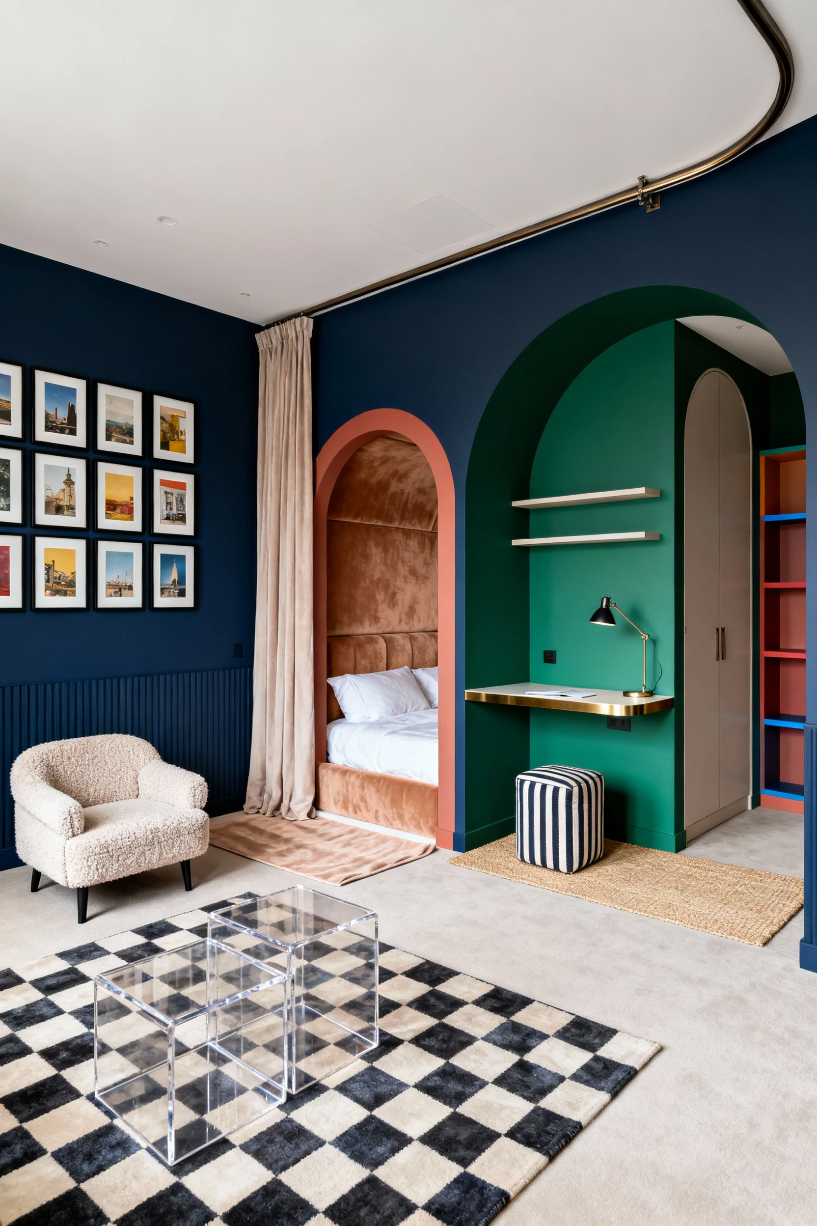 Photorealistic high corner‑angle wide shot defining zones with bold color blocking: deep navy living wall with a tight g