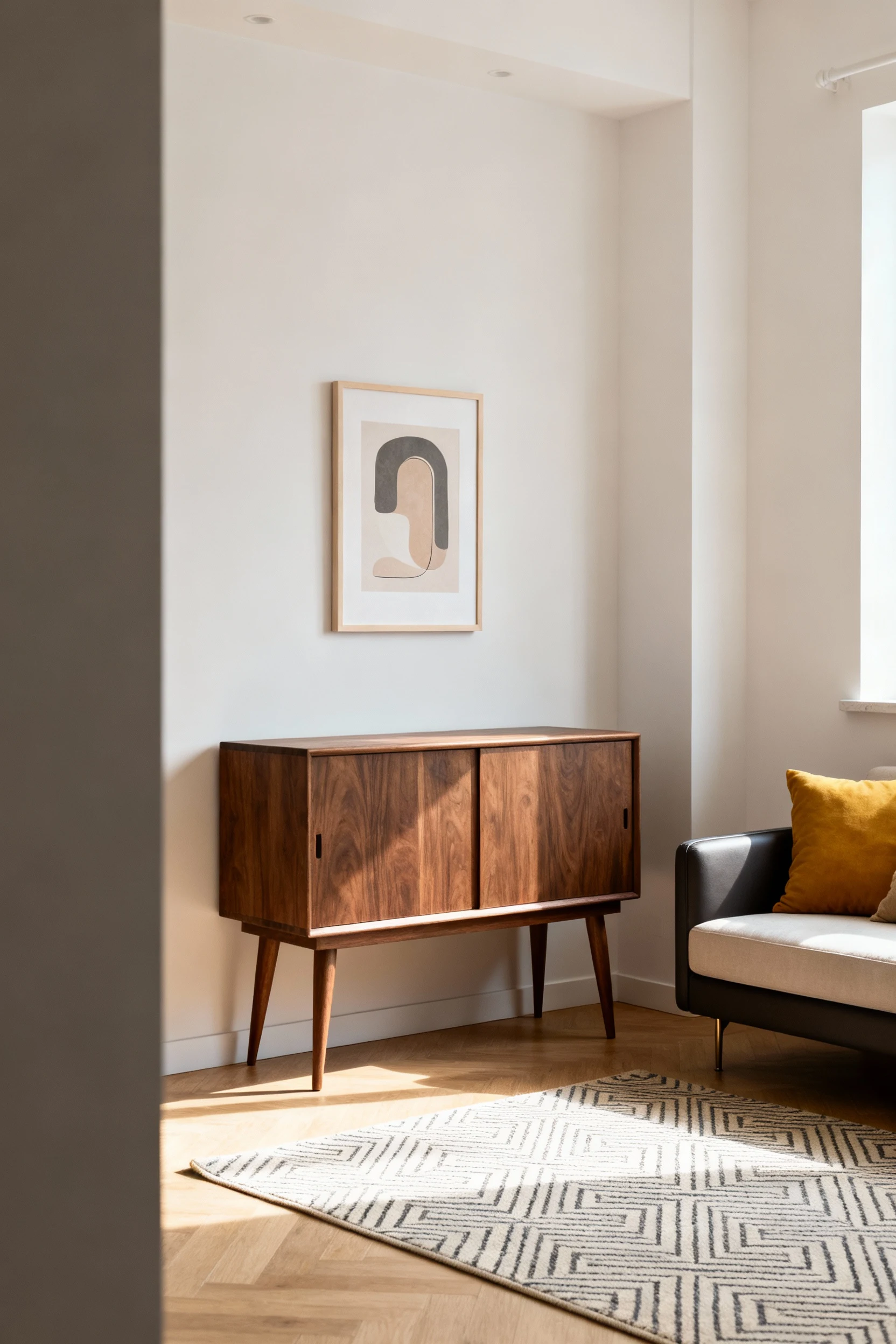 Medium perspective view of a mid-century modern sitting area in a compact apartment, with a walnut sideboard on tapered 