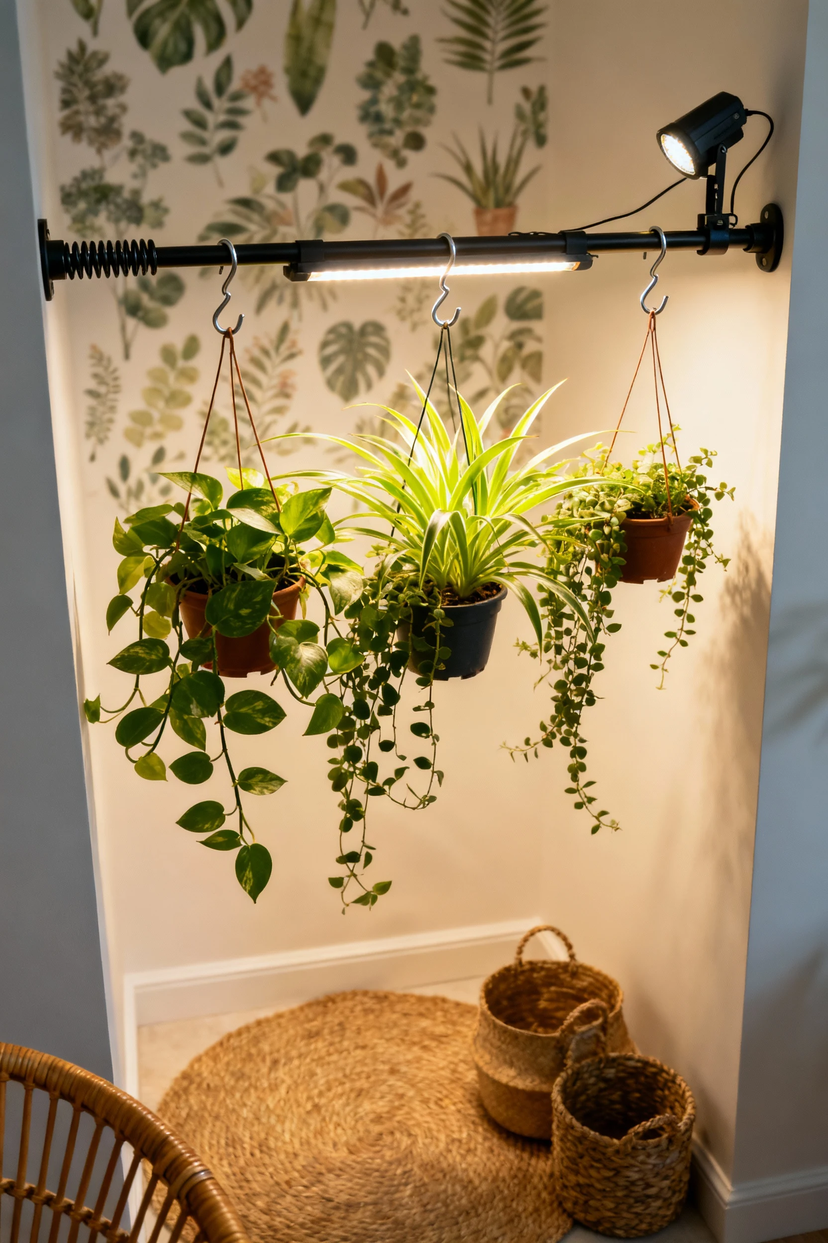 4. Closeup angled shot, Urban Jungle Hideaway: spring tension rod spanning two walls as a plant rail with S-hooks holdin