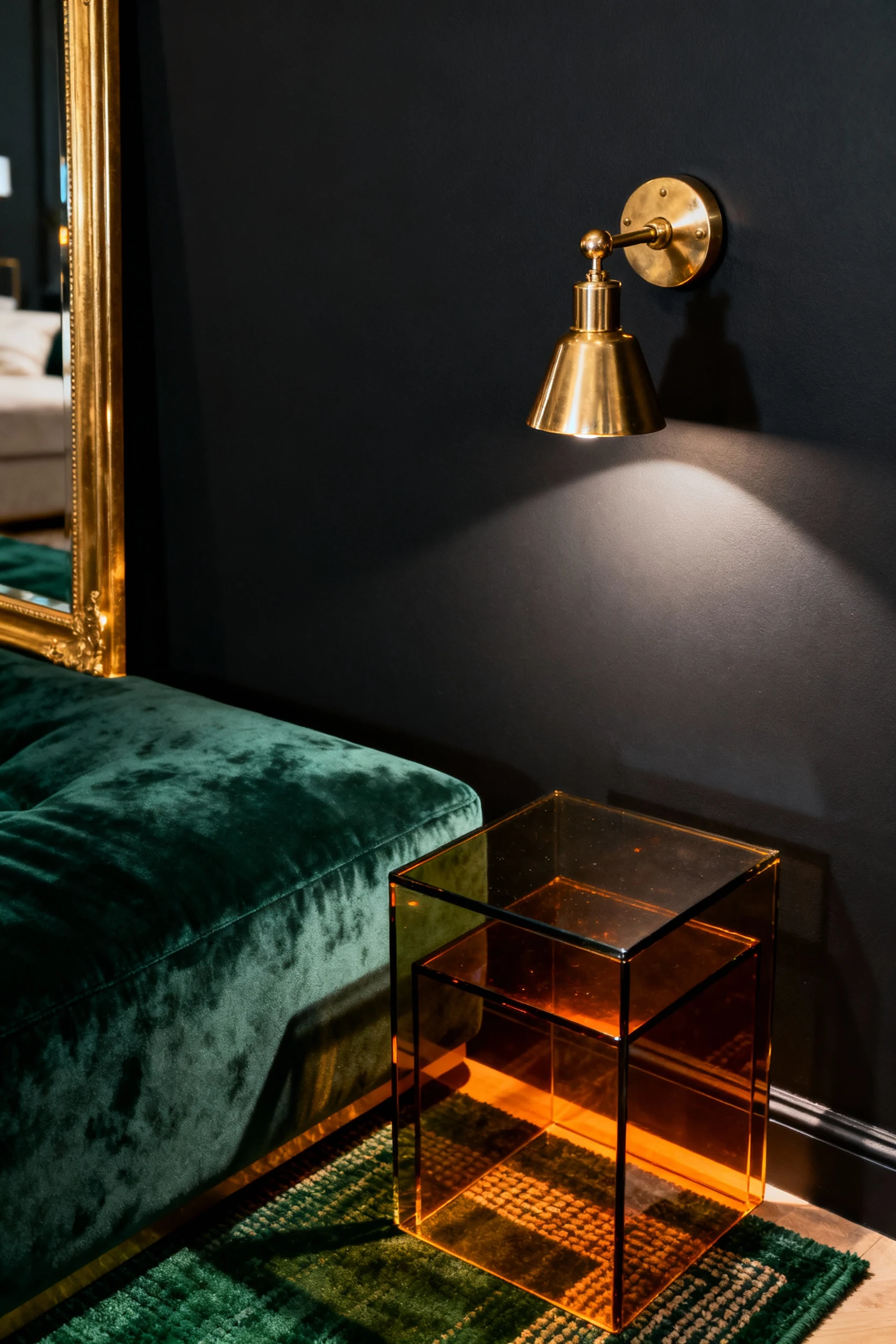 4. Detail closeup in a moody charcoal room: brass wall-mounted sconce and hardware gleaming against charcoal walls, edge
