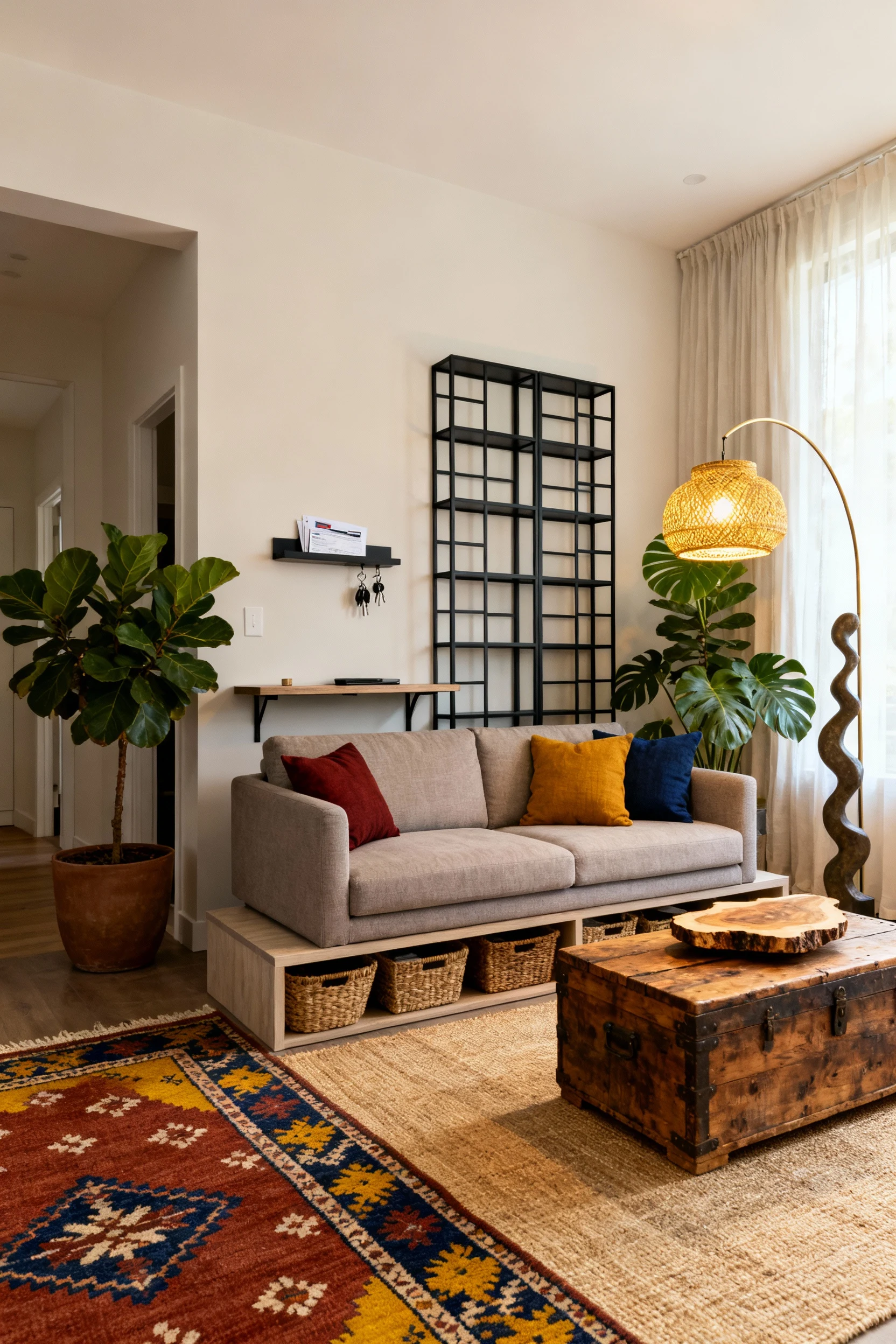 4. Photorealistic wide shot from the entry perspective: cushiony neutral sofa floated perpendicular to the longest wall 