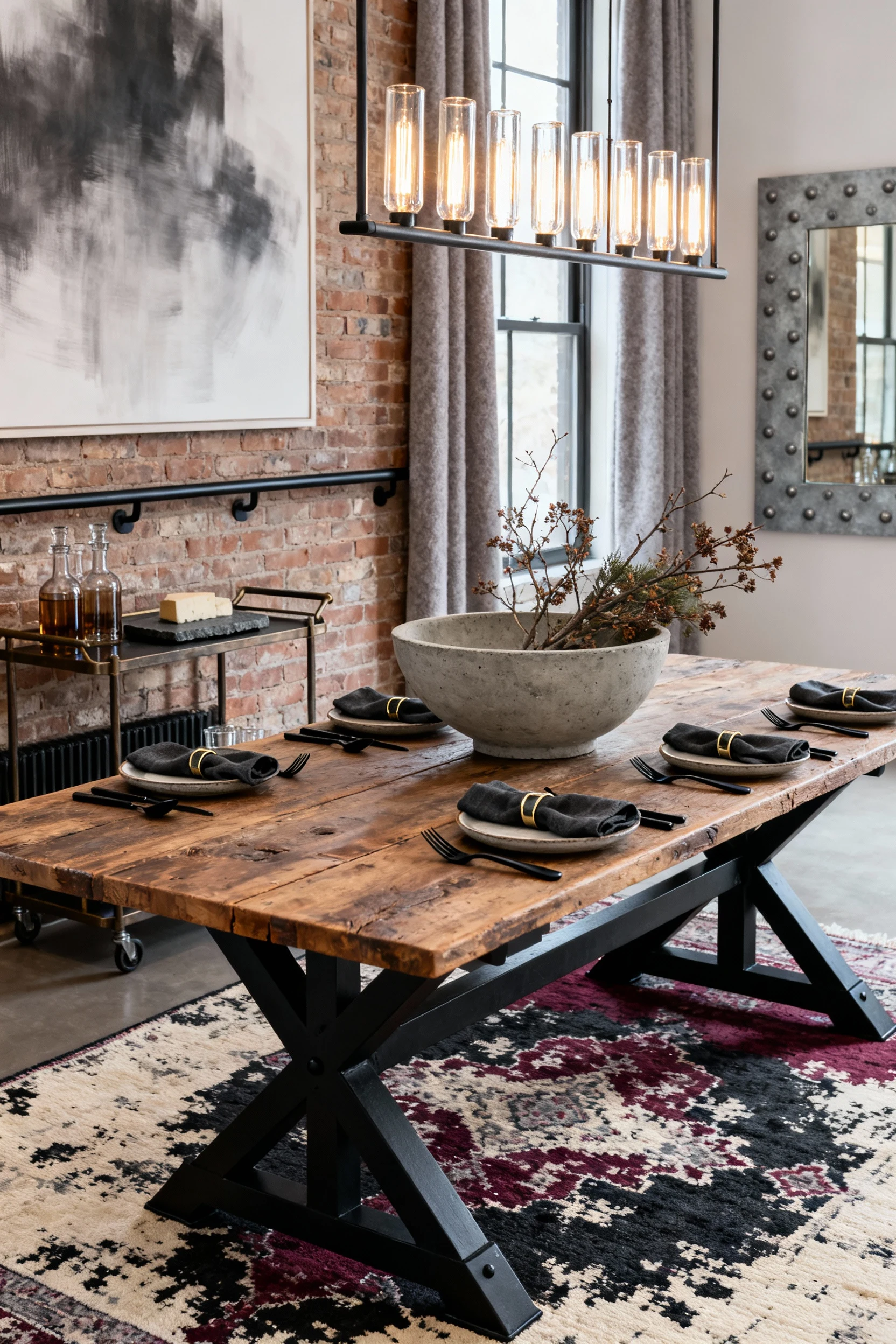 4. Closeup tablescape in a gallery-style dining room: reclaimed-wood table on black steel trestle legs set with matte bl