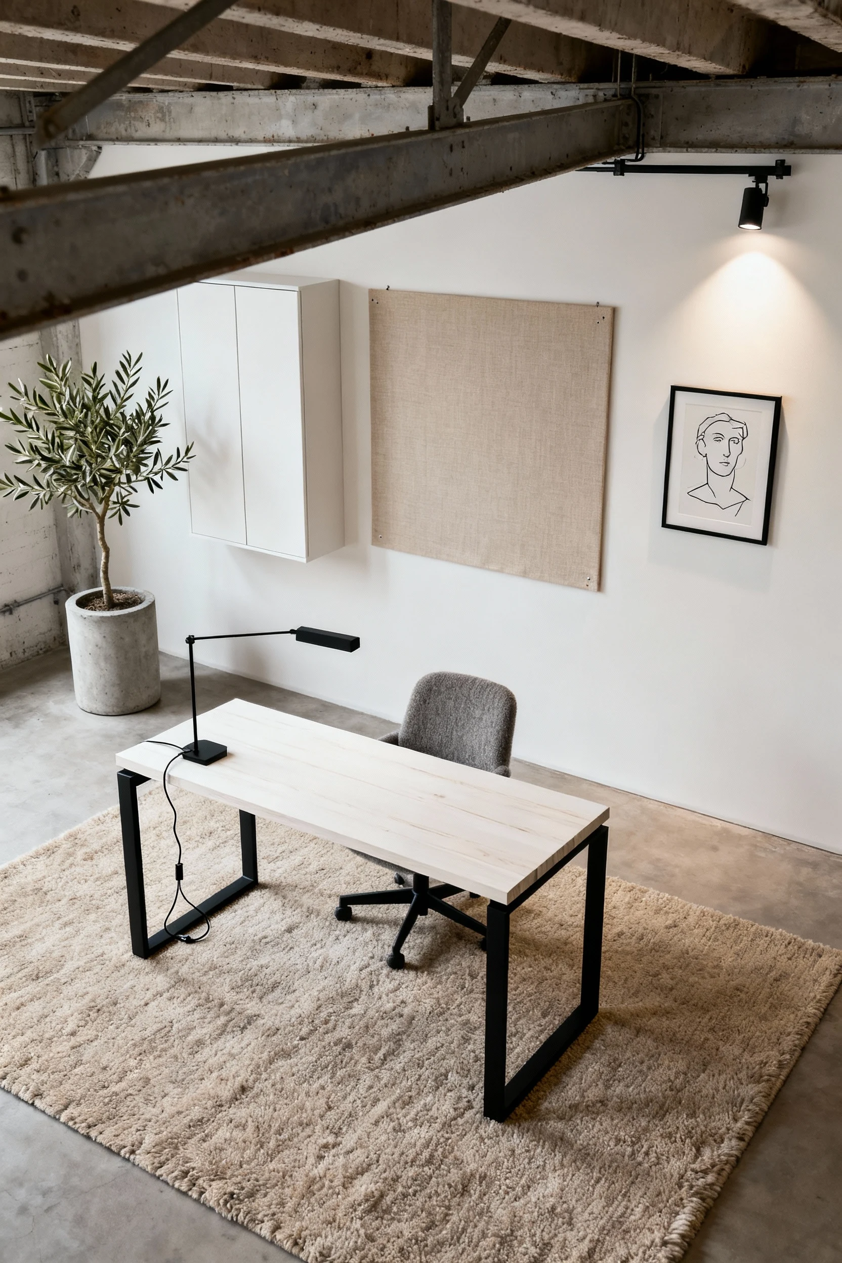Photorealistic overhead shot of an industrial-serene home office under exposed beams: slim white oak slab desk on a blac