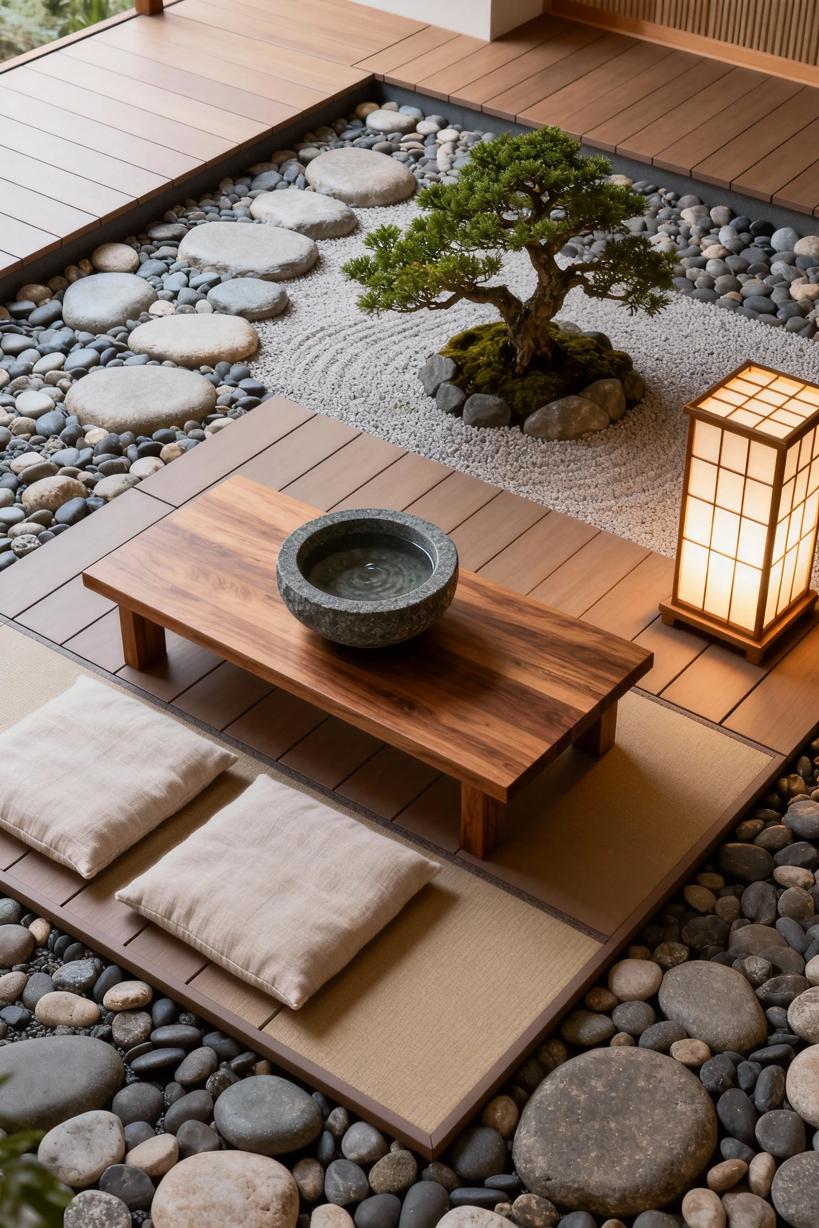 4. Overhead shot of a minimalist zen pebble garden: smooth river pebbles with interlocking deck tiles forming a petite p