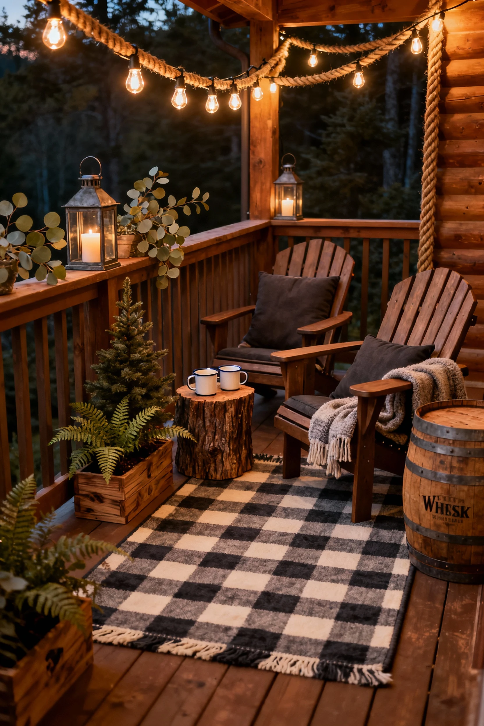 Medium corner-angle shot of a rustic cabin balcony: plaid/buffalo check outdoor rug in charcoal and cream, two Adirondac