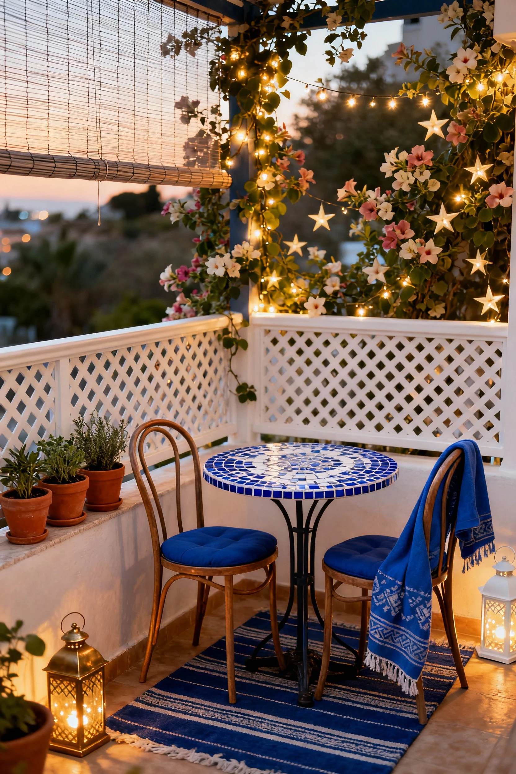 Photorealistic medium-wide corner shot of a Mediterranean café nook: white lattice privacy screen along the railing with