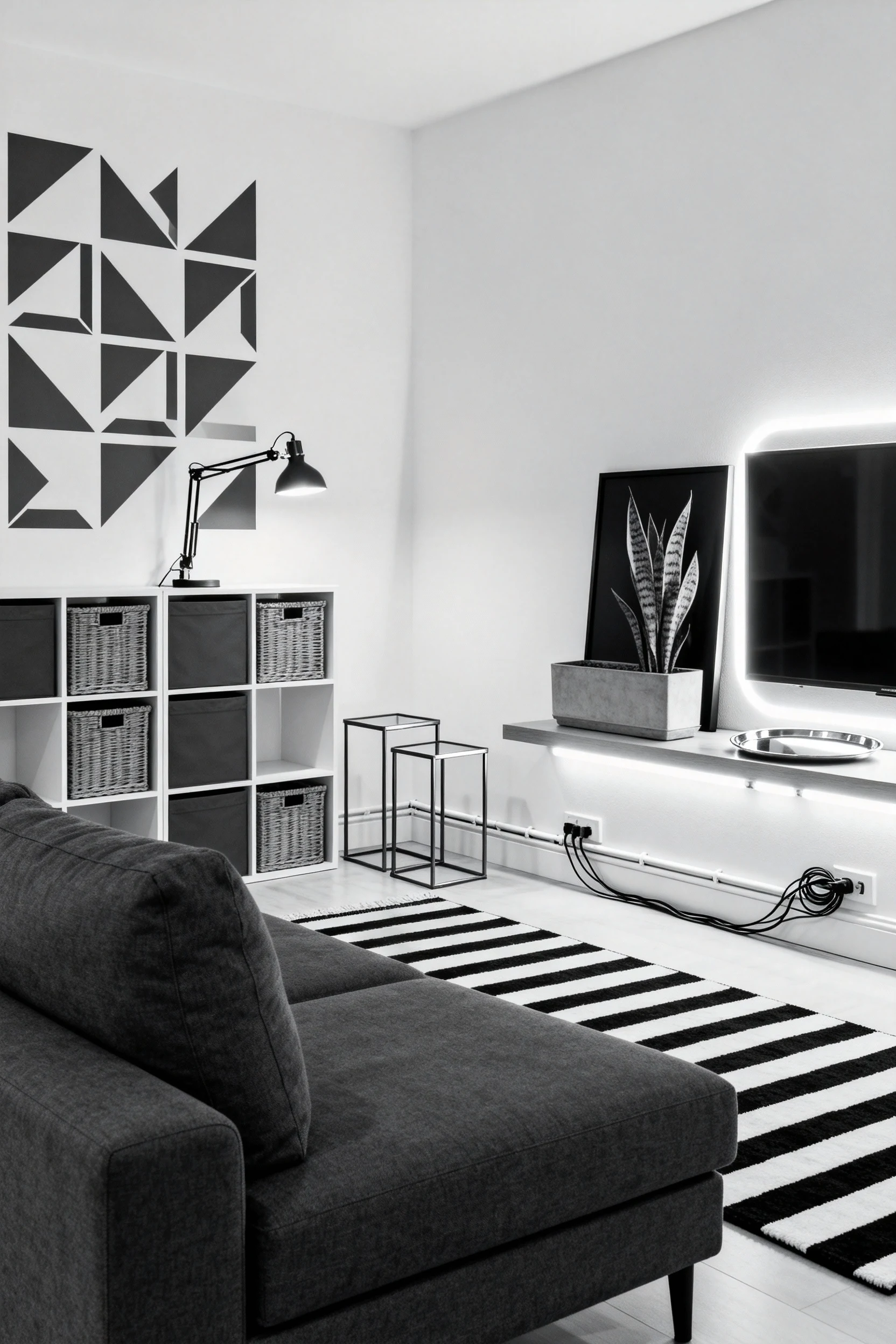 Photorealistic wide straight-on shot of a monochrome modern modular living room: charcoal apartment sofa facing a grid o