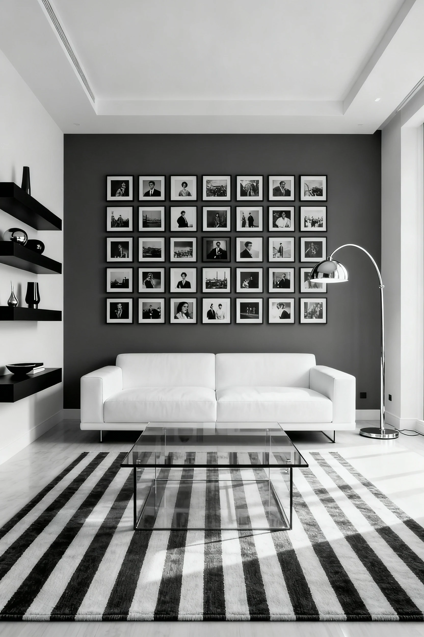 Photorealistic wide straight-on shot of a monochrome small living room with a soft charcoal feature wall hung with a tig